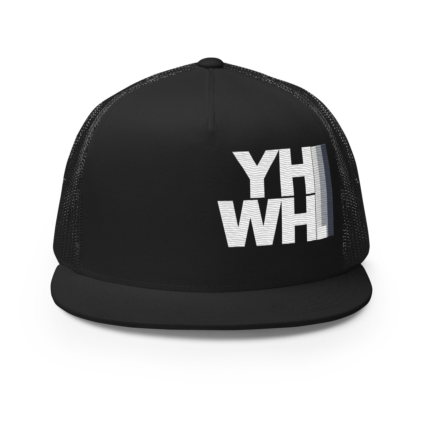 The YHWH Unisex Trucker Cap displayed flat, featuring an embroidered YHWH design. This cap blends style with a powerful message of faith and is a great choice for those who want to support a veteran-owned small business.