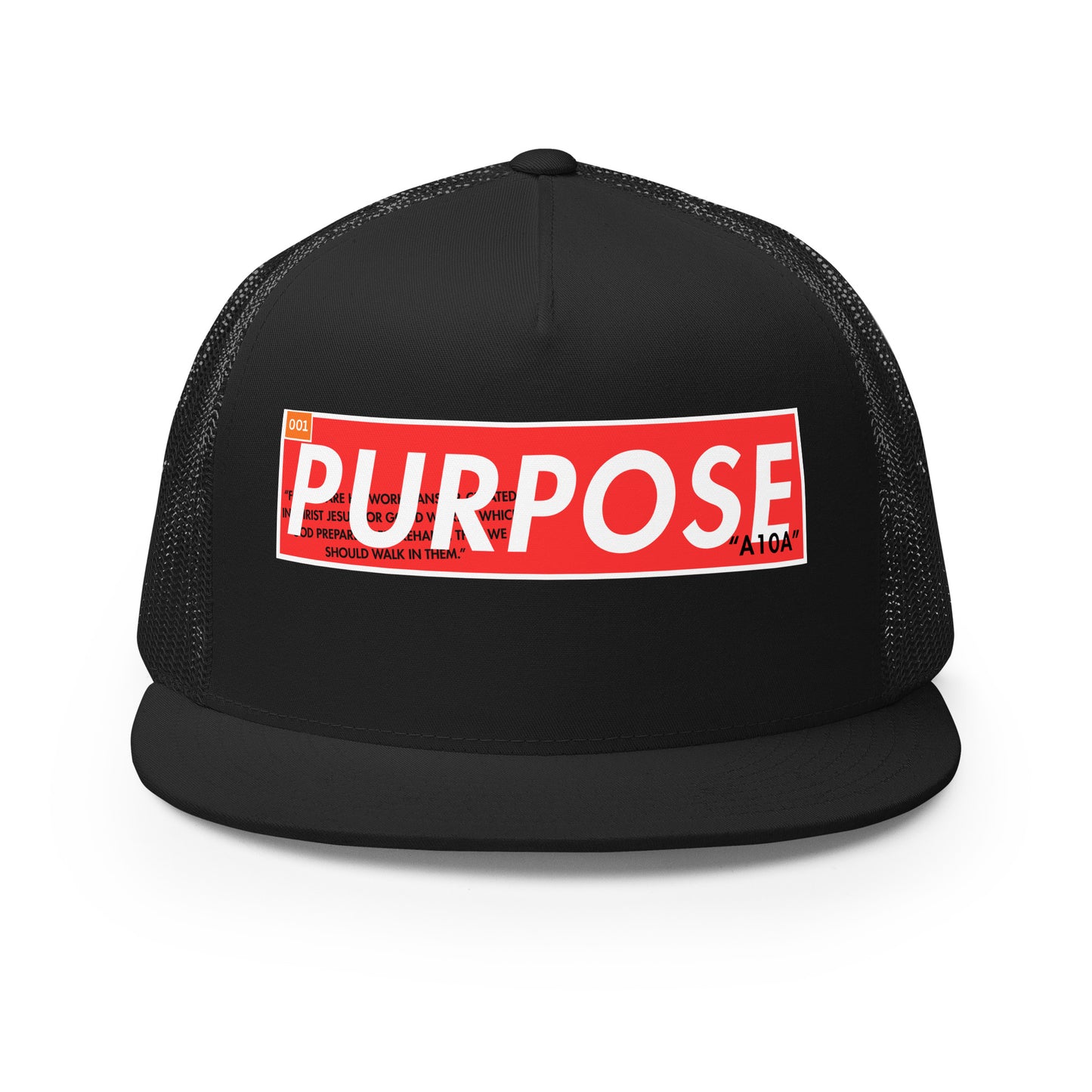Premium Faithwear Unisex Trucker Hat featuring a bold 'Purpose' design, perfect for expressing your beliefs and faith. Made by ANGELS 10 APPAREL LLC, a veteran-owned small business, this trendy hat combines style and comfort while showcasing your Christian values.
