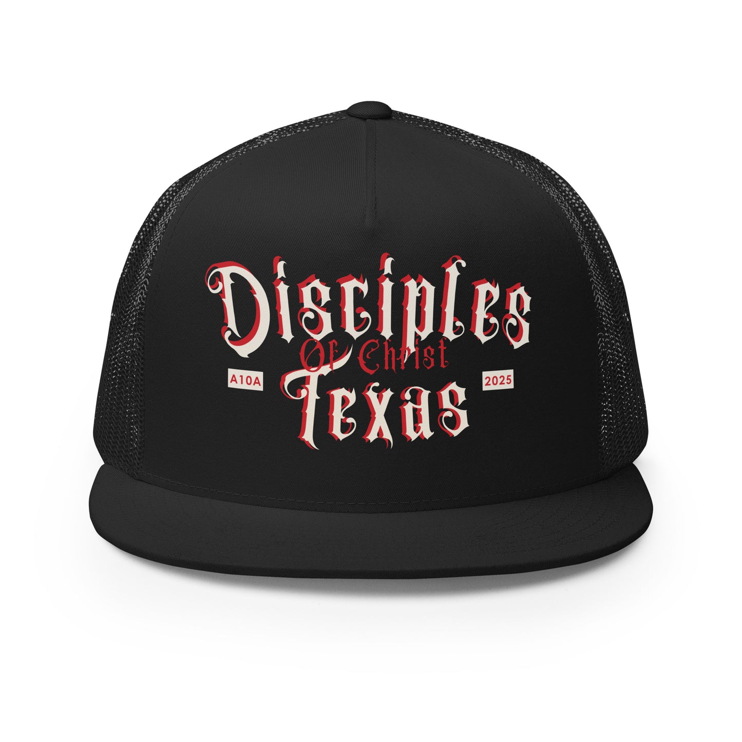 Front view of the Disciples of Christ Texas Christian Trucker Cap by ANGELS 10 APPAREL LLC, designed for those proud of their faith and Christian heritage like Christian Veterans.