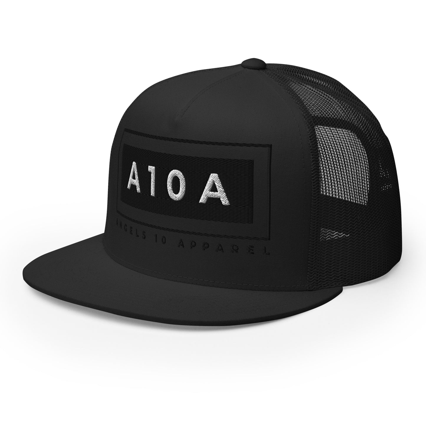 Men's A10A Essentials Collection Trucker Cap in sleek black design, featuring the A10A branding, a great choice for those who appreciate a christian brand, veteran owned, faith based.