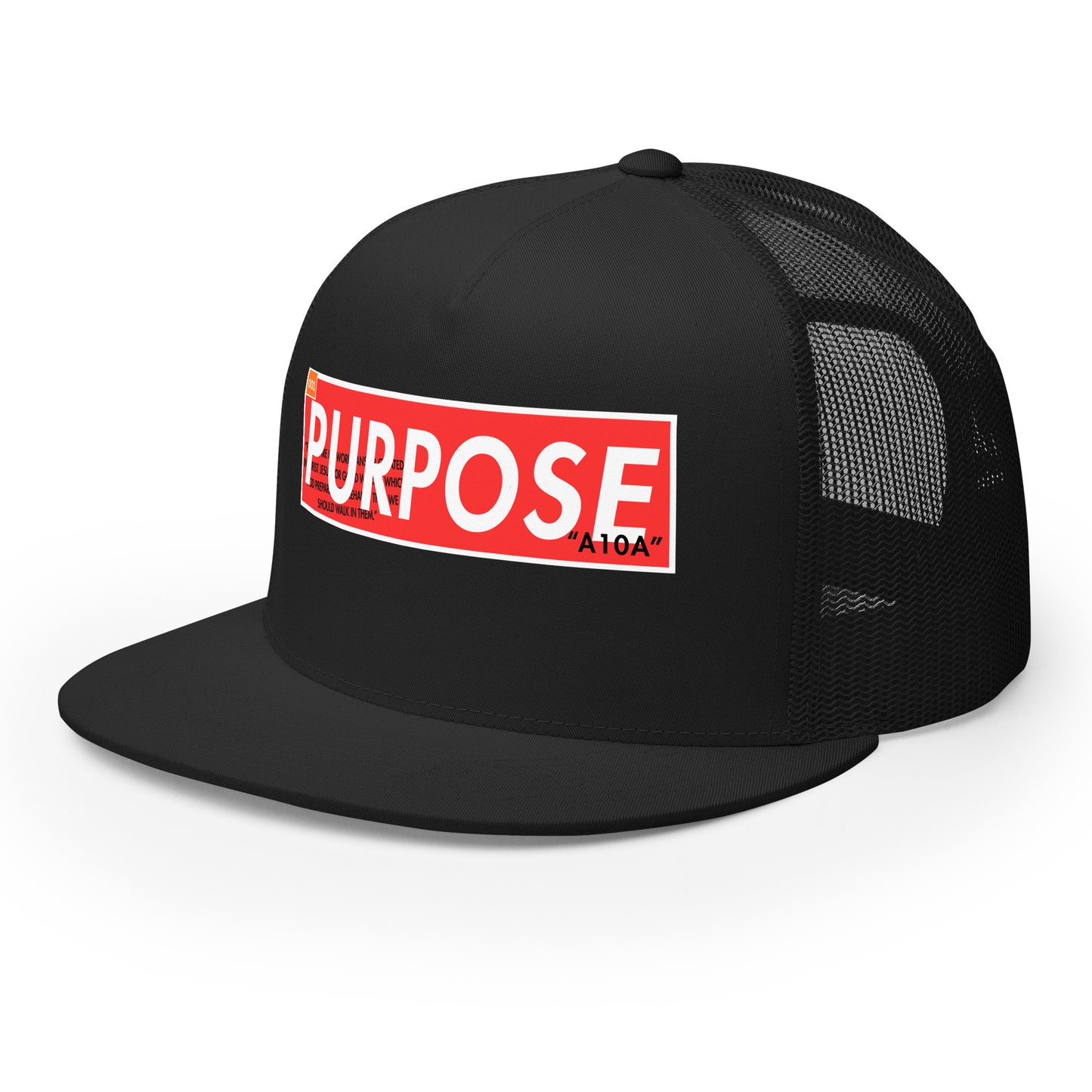Premium Faithwear Unisex Trucker Hat displaying the 'Purpose' label, combining modern fashion with spiritual significance. This hat is made by a veteran-owned small business, perfect for believers. Christian, faith, believe, premium, veteran owned, small business.