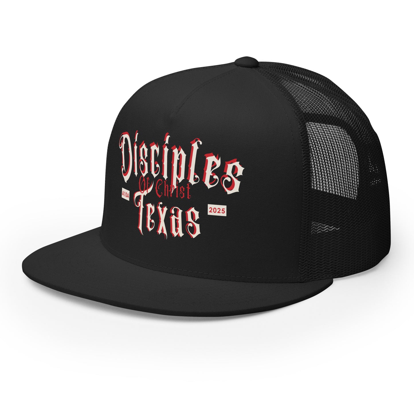 Side view of the Disciples of Christ Texas Christian Trucker Cap by ANGELS 10 APPAREL LLC, showcasing its stylish design suitable for Christian Veterans and Christian Apparel enthusiasts.