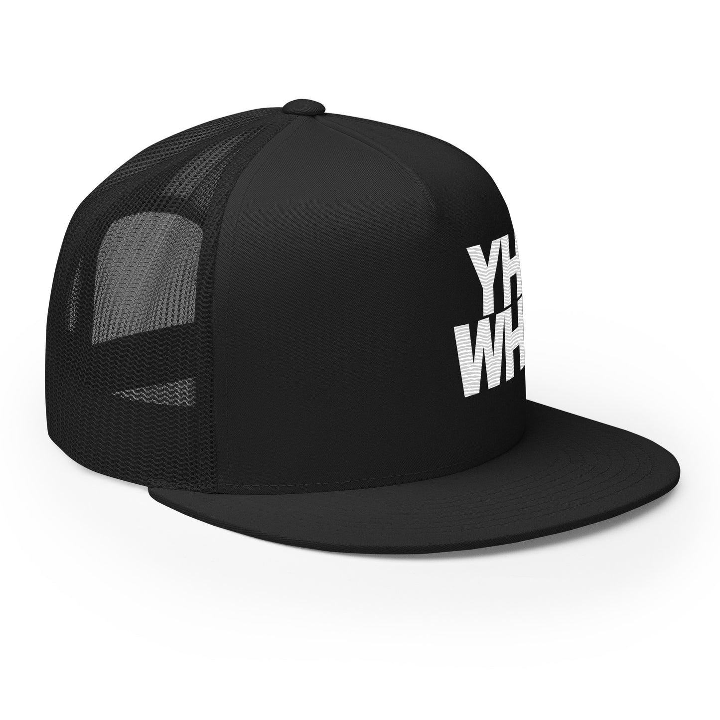 A side view of the YHWH Unisex Trucker Cap, highlighting its sleek look and embroidered design. A stylish option for expressing your faith, this cap supports a small business that values veteran ownership.