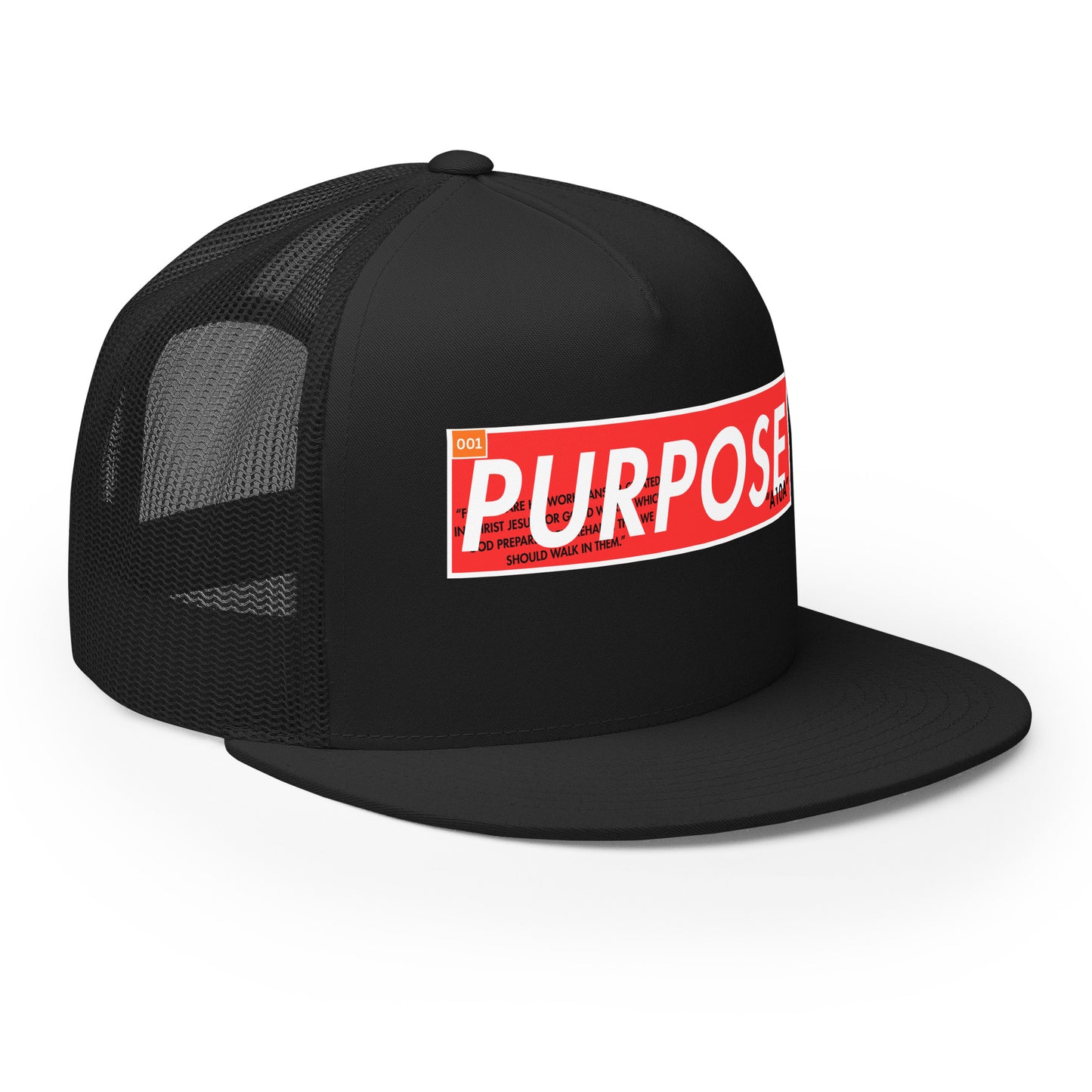 Premium Faithwear Unisex Trucker Hat showcasing the 'Purpose' design, perfect for expressing your beliefs and style. This durable hat is a great choice from a veteran-owned small business. Christian, faith, believe, premium, veteran owned, small business.