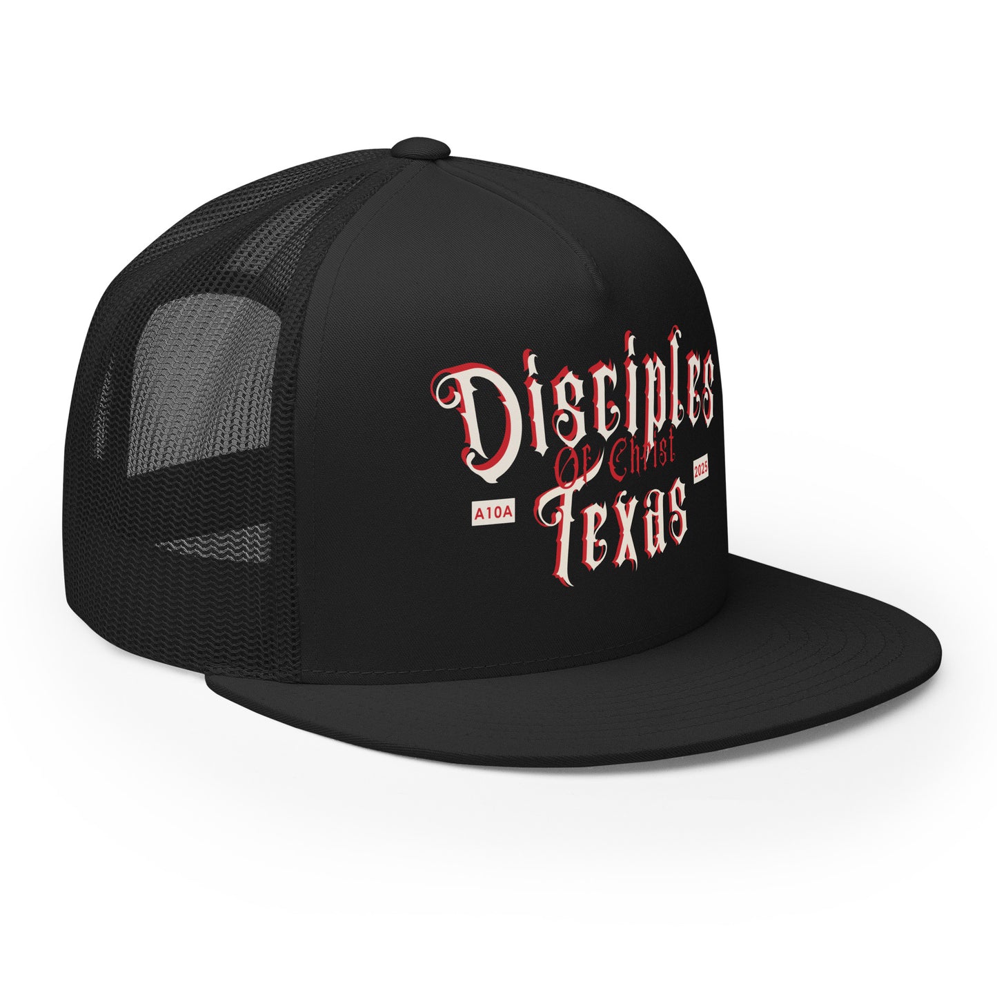 Stylish Disciples of Christ black Christian Trucker Cap by ANGELS 10 APPAREL LLC, featuring bold lettering and a flat bill, perfect for Christian Veterans and fans of Christian Apparel.