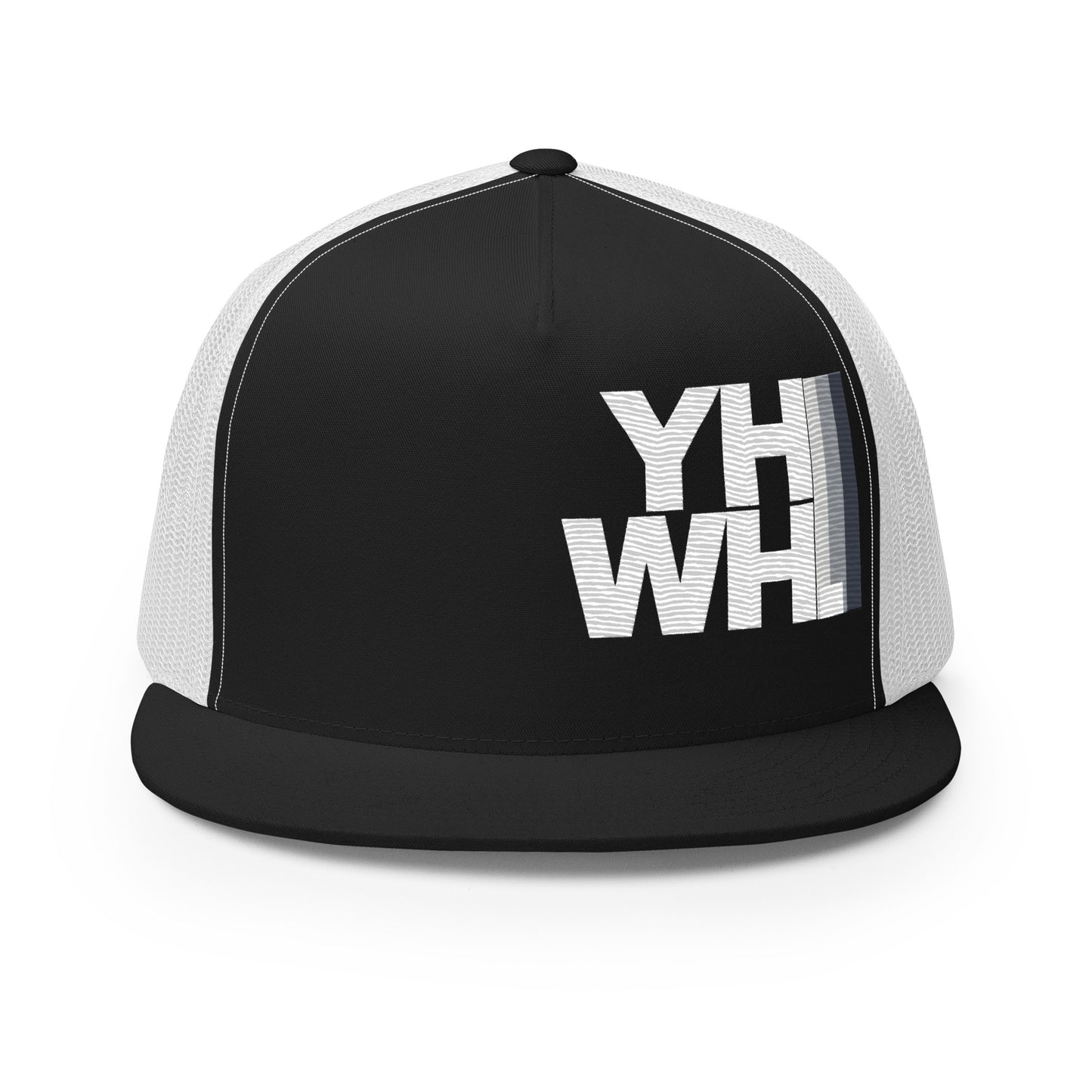 A front angle of the YHWH Unisex Trucker Cap, emphasizing its stylish embroidered logo. Perfect for those who want to combine faith and fashion, this cap supports a small, veteran-owned business.