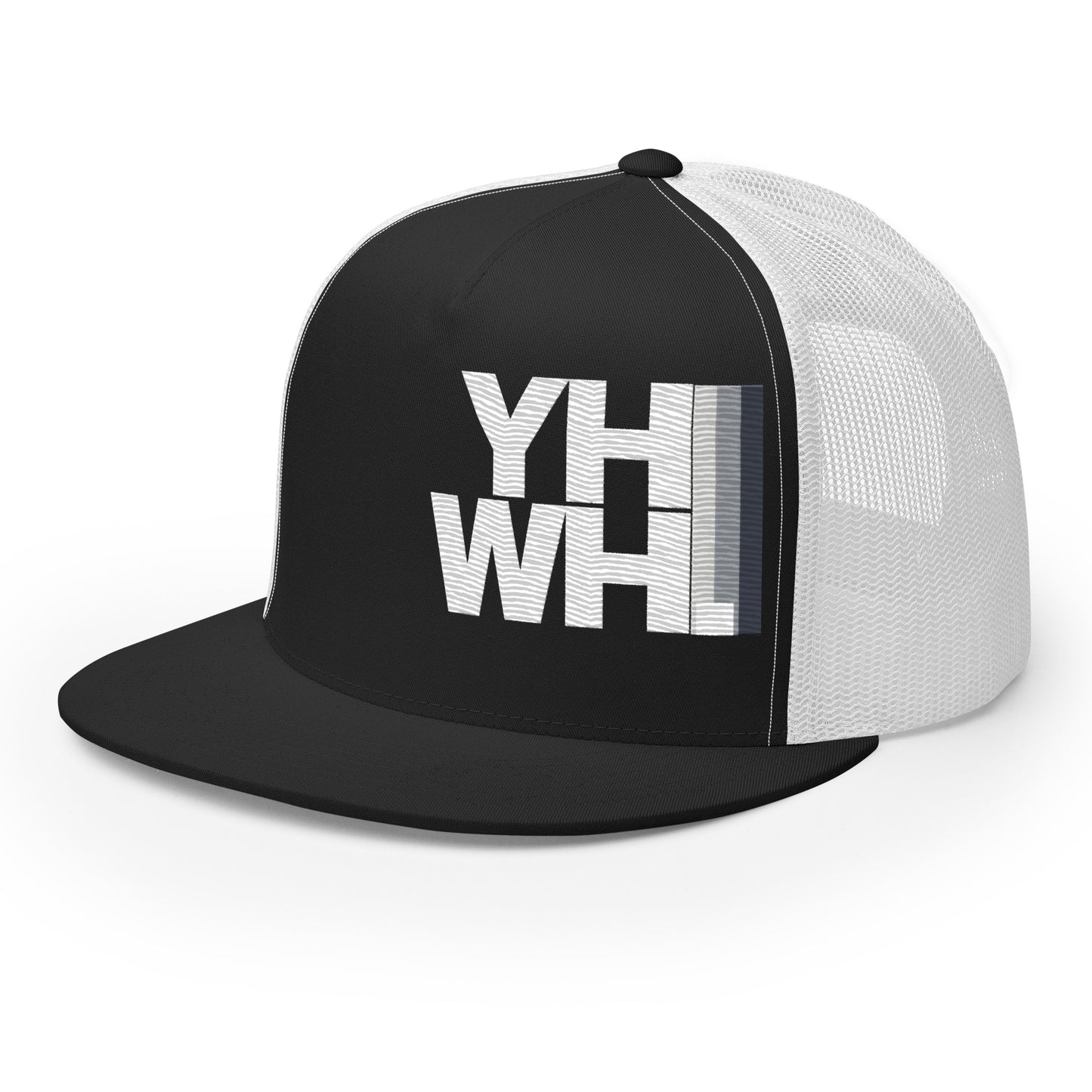 The YHWH Unisex Trucker Cap shown from the front, featuring a distinct embroidered design. This cap is a fashionable way to share your beliefs while supporting a veteran-owned small business.