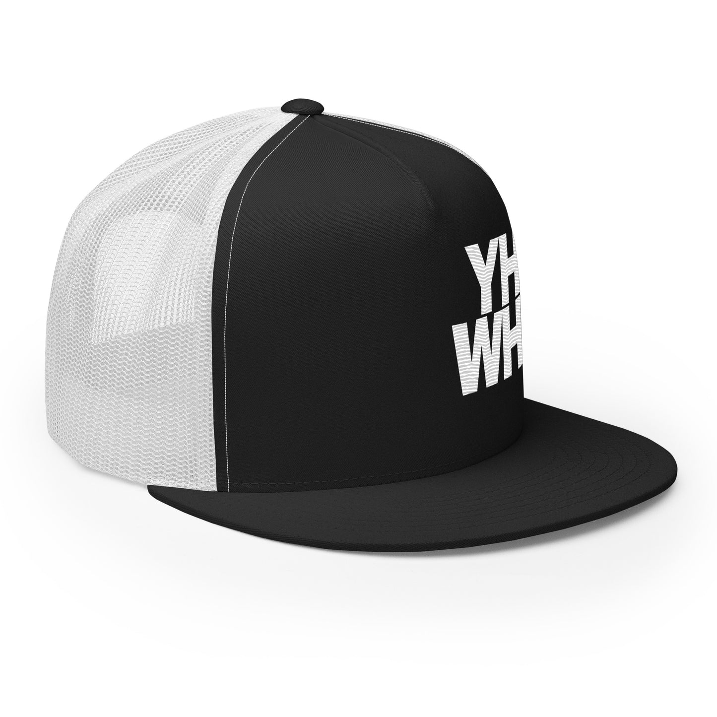 YHWH Unisex Trucker Cap featuring a structured fit and embroidered design in black and white, perfect for showcasing your christian faith in style. Support a veteran owned small business with this fashionable accessory.