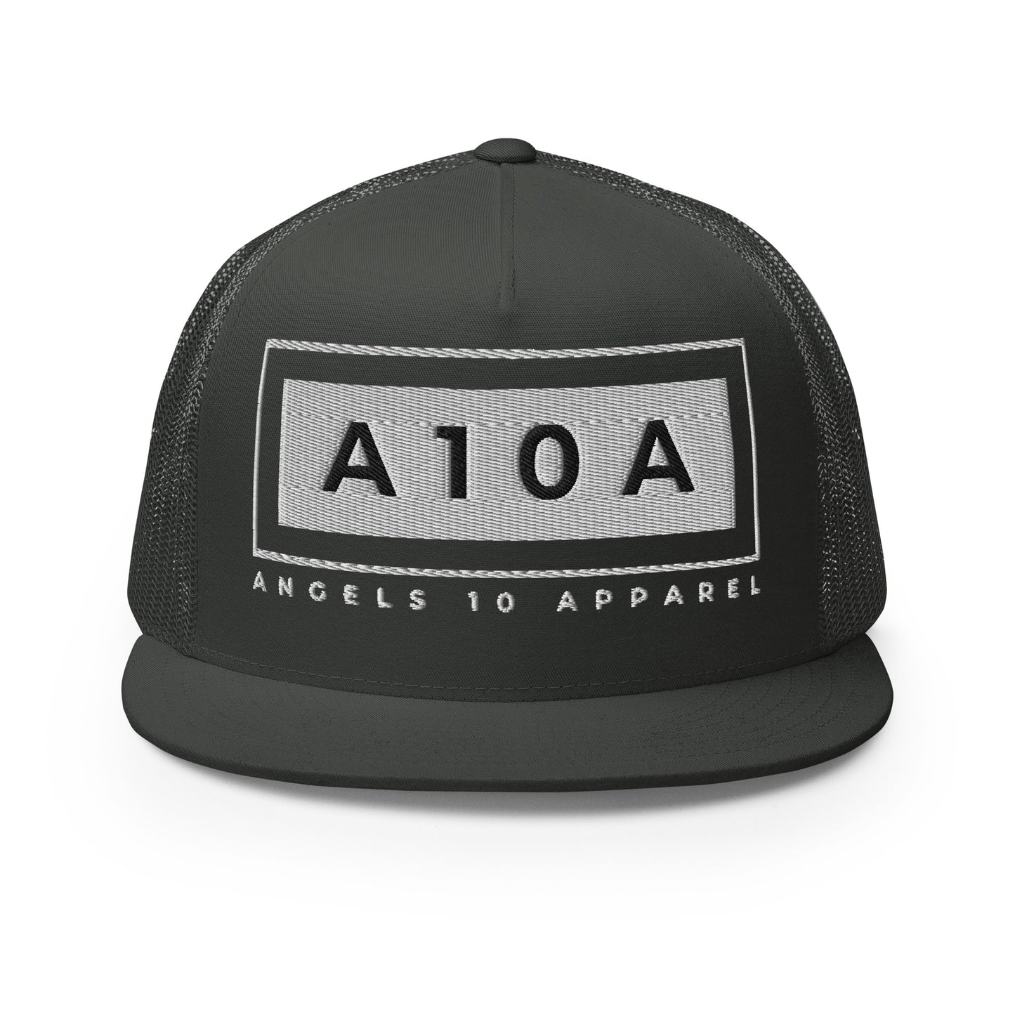 Front angle of the Men's A10A Essentials Collection Trucker Cap, emphasizing the flat bill and branding. An essential piece that reflects a christian brand, veteran owned, and faith based philosophy.