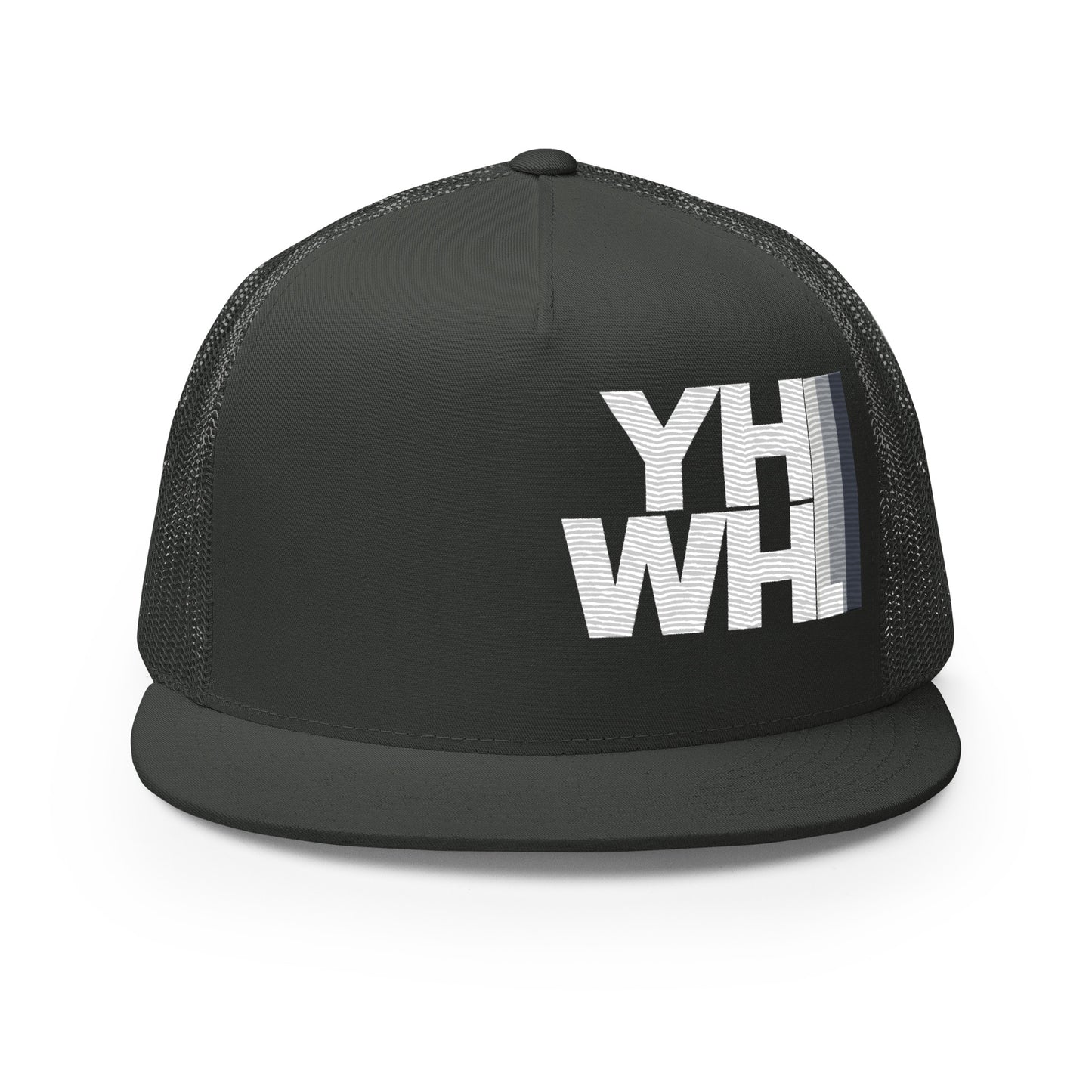 Front view of black YHWH Unisex Trucker Cap with embroidered detail, a perfect way to express your Christian faith stylishly. By choosing this cap, you support a veteran-owned small business.