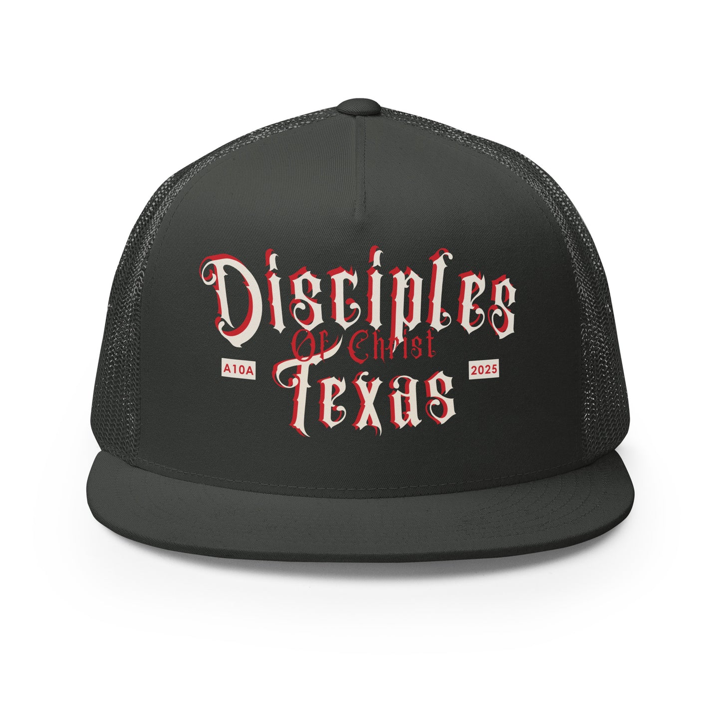 Front view of the charcoal Disciples of Christ Texas Christian Trucker Cap by ANGELS 10 APPAREL LLC, designed for Christian Veterans and lovers of Christian Apparel.