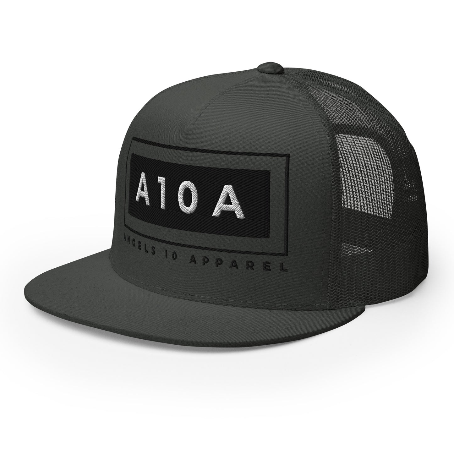 Men's A10A Essentials Collection Trucker Cap featuring a classic design in dark gray, showcasing the A10A branding, ideal for those supporting a christian brand, veteran owned, faith based.