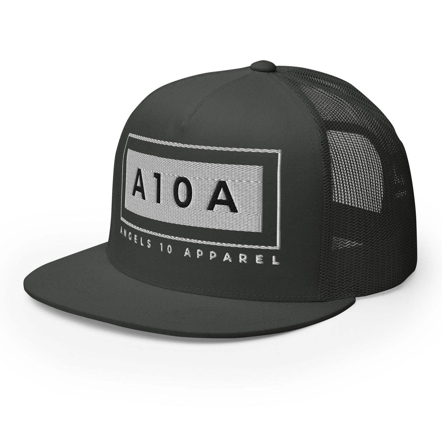 Men's A10A Essentials Collection Trucker Cap in a dark shade with structured design. A great addition to any outfit, proudly showcasing a christian brand, veteran owned, and faith based.