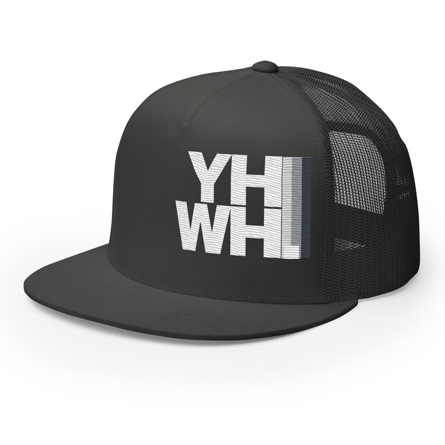YHWH Unisex Trucker Cap in black with a stylish mesh-back, combining faith and modern design. A great choice for supporting veteran-owned small businesses.