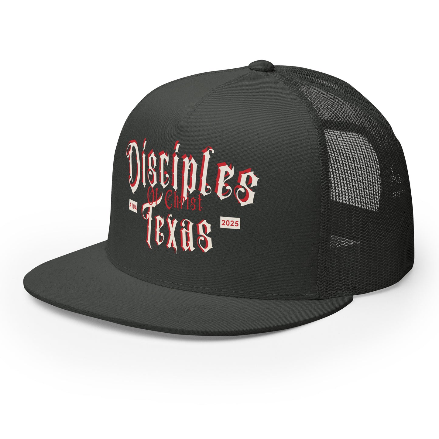 Side view of the charcoal Disciples of Christ Texas Christian Trucker Cap by ANGELS 10 APPAREL LLC, a trendy pick for Christian Veterans seeking Christian Apparel.