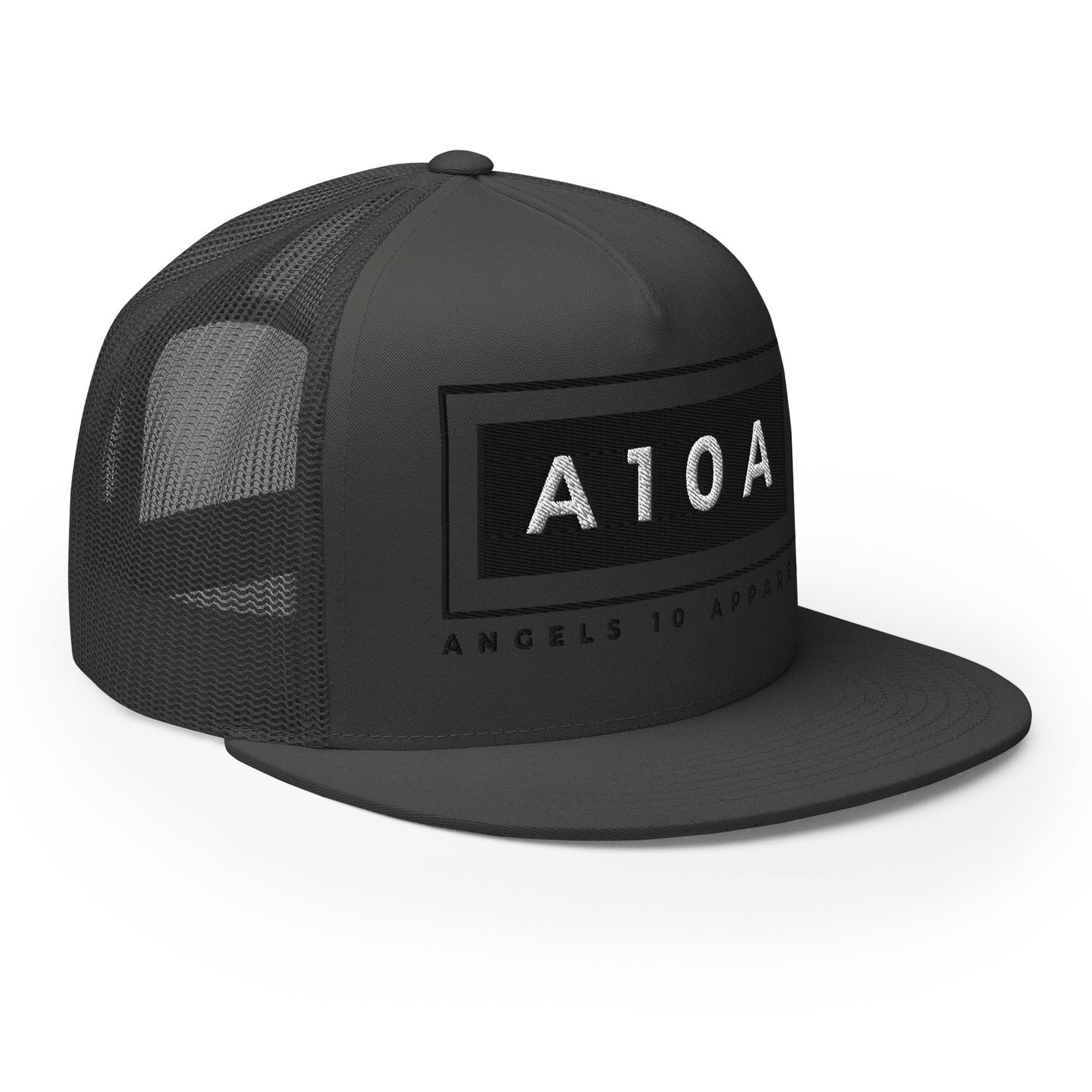 Men's A10A Essentials Collection Trucker Cap in dark gray, with structured snapback design and the A10A logo, representing a christian brand, veteran owned, faith based.