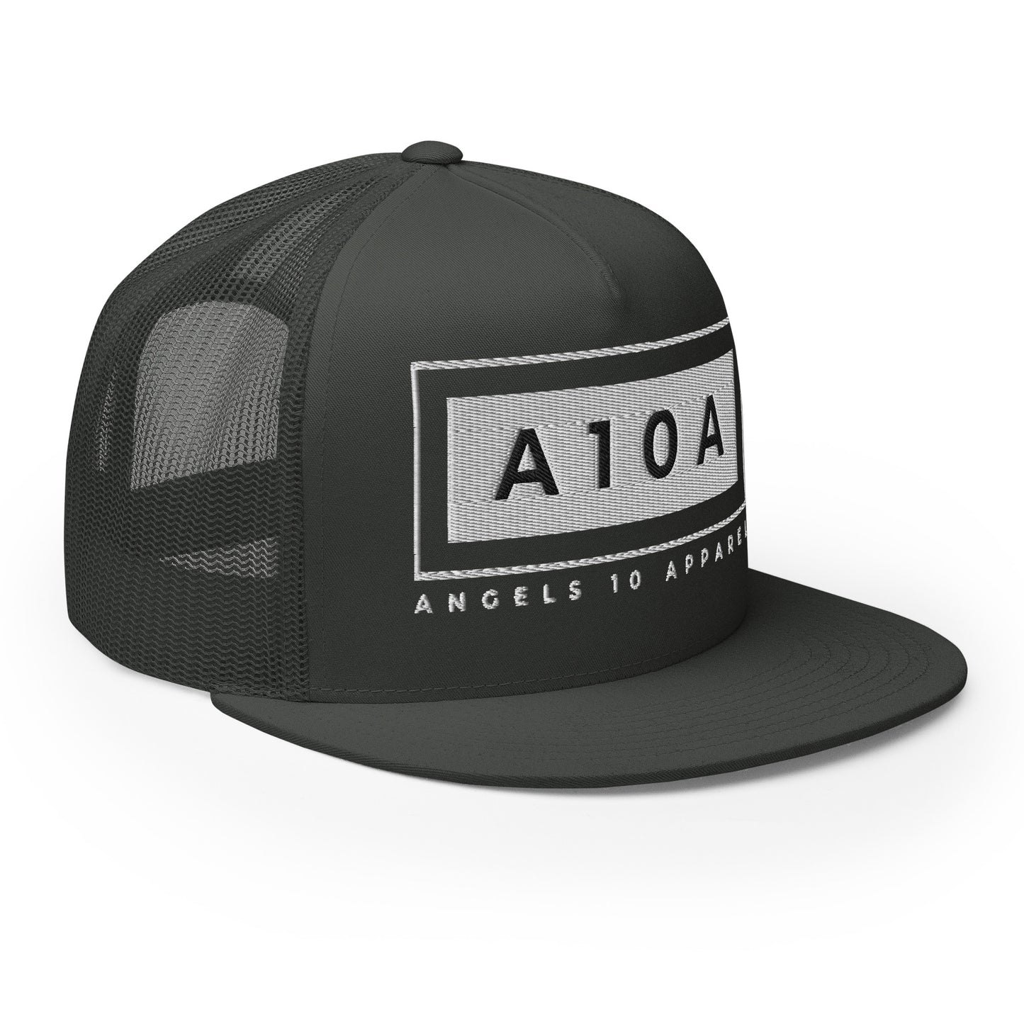 Men's A10A Essentials Collection Trucker Cap - Classic, Structured Snapback with Flat Bill in black, featuring the A10A logo by Angels 10 Apparel LLC. This cap embodies a minimalist style and is designed by a veteran-owned, faith-based Christian brand.
