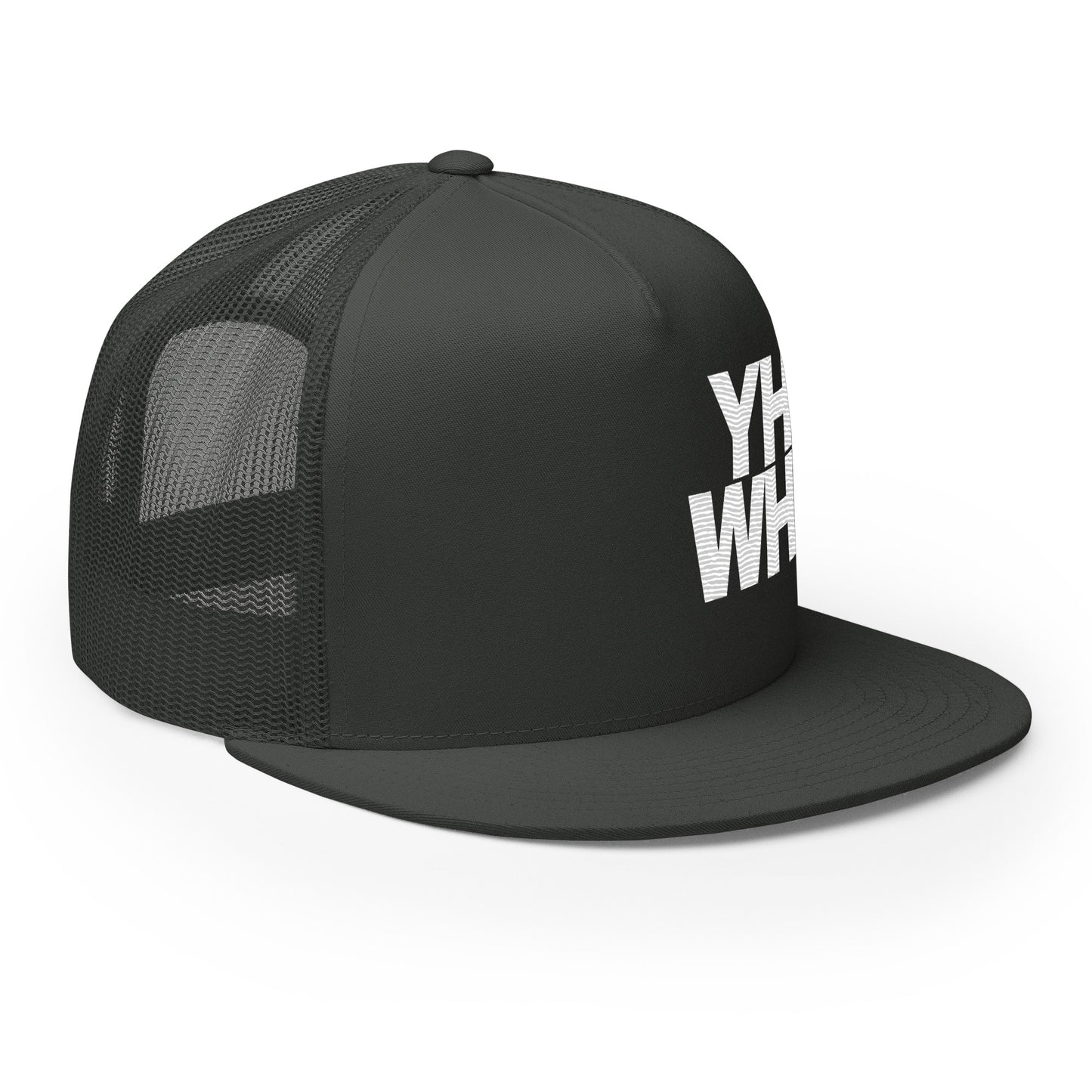 Side profile of black YHWH Unisex Trucker Cap showcasing its mesh-back design, balancing style and faith. Support small business while making a statement about your beliefs.