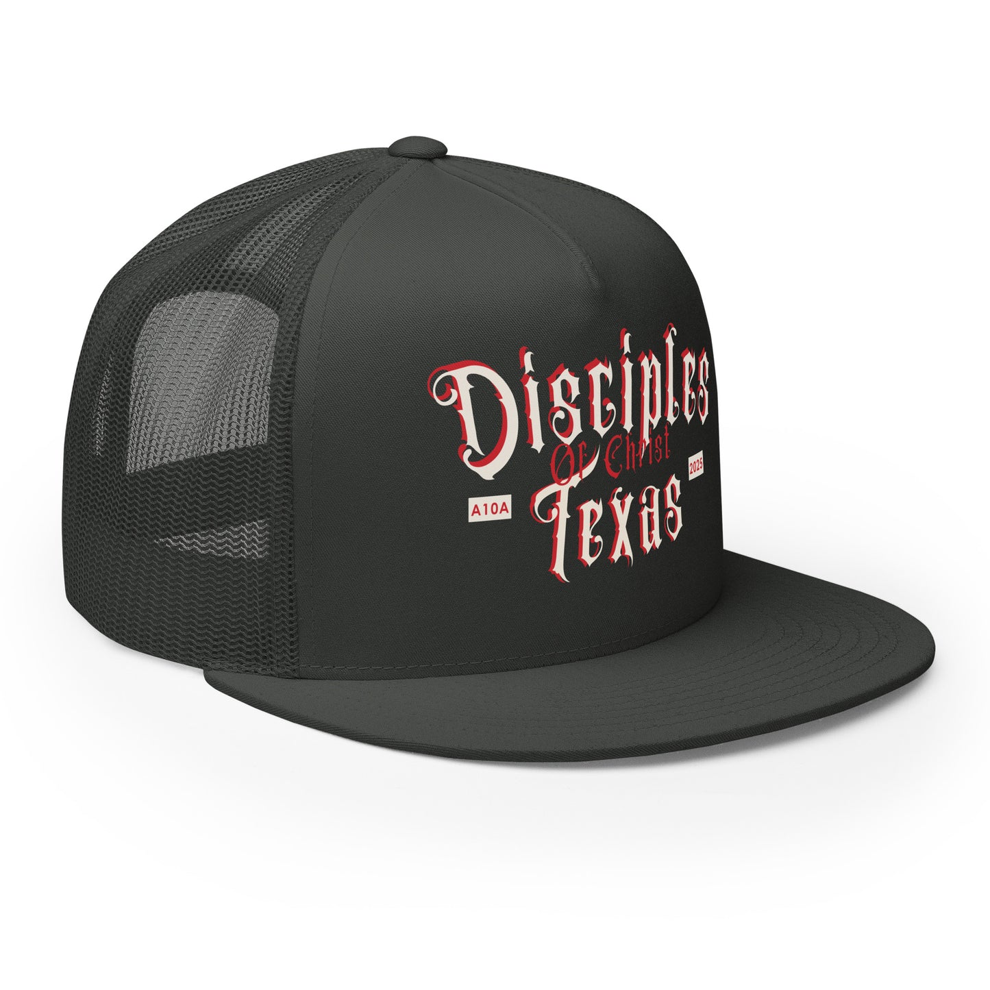 Side angle of the charcoal Disciples of Christ Texas Christian Trucker Cap by ANGELS 10 APPAREL LLC, suitable for Christian Veterans and those fond of Christian Apparel.