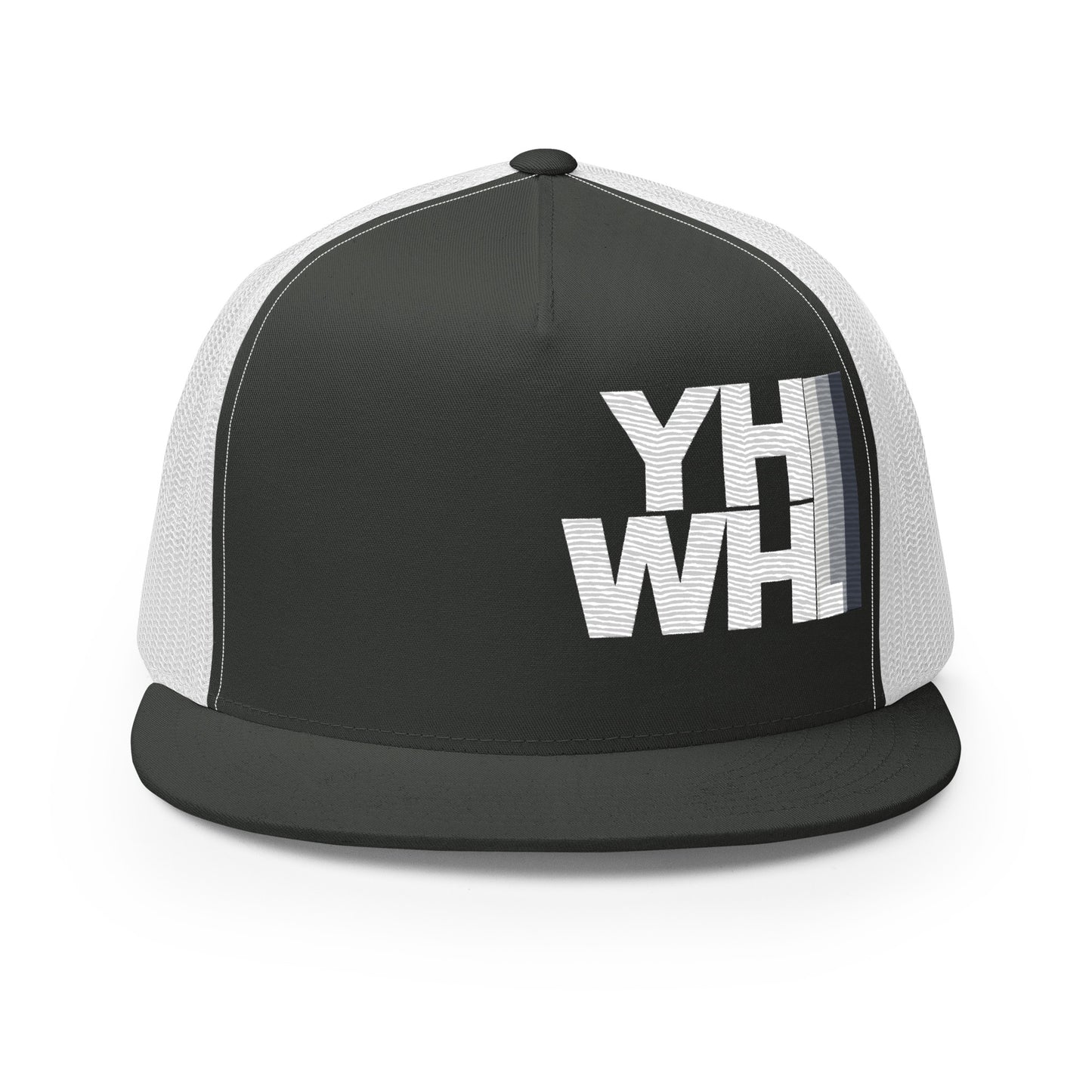 Front view of the YHWH Unisex Trucker Cap showcasing its elegant embroidered design. A stylish choice for expressing your christian faith while supporting small business and veteran owned brands.