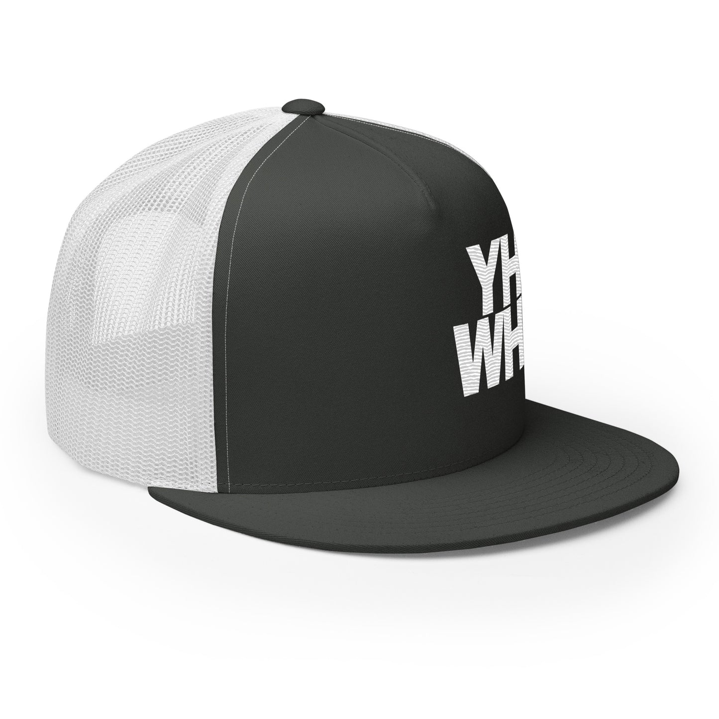 Side view of the YHWH Unisex Trucker Cap, emphasizing its unique design and comfortable mesh-back option. Ideal for anyone wanting to make a statement about their faith and support veteran owned small businesses.