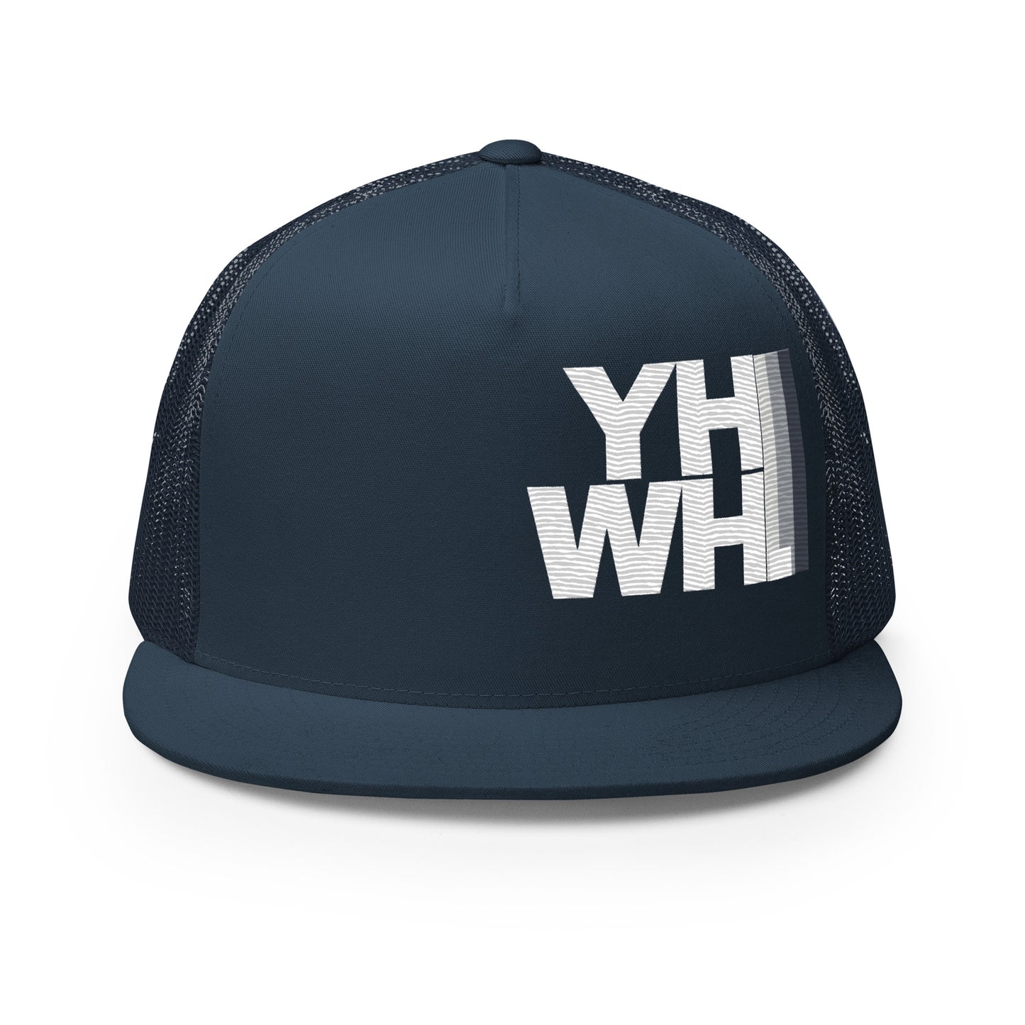 Front view of a navy YHWH Unisex Trucker Cap with an embroidered design, ideal for embodying faith while maintaining a stylish look. Support this veteran owned small business with your purchase.
