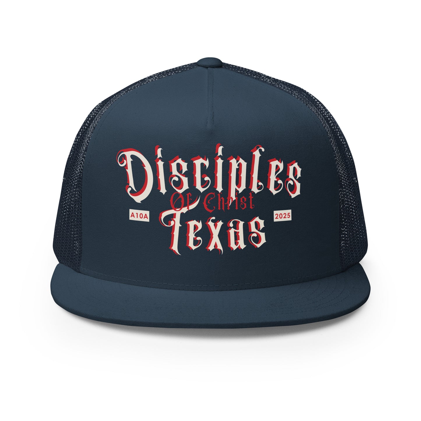 Front view of the navy Disciples of Christ Texas Christian Trucker Cap by ANGELS 10 APPAREL LLC, ideal for fans of Christian Veterans and comfortable Christian Apparel.