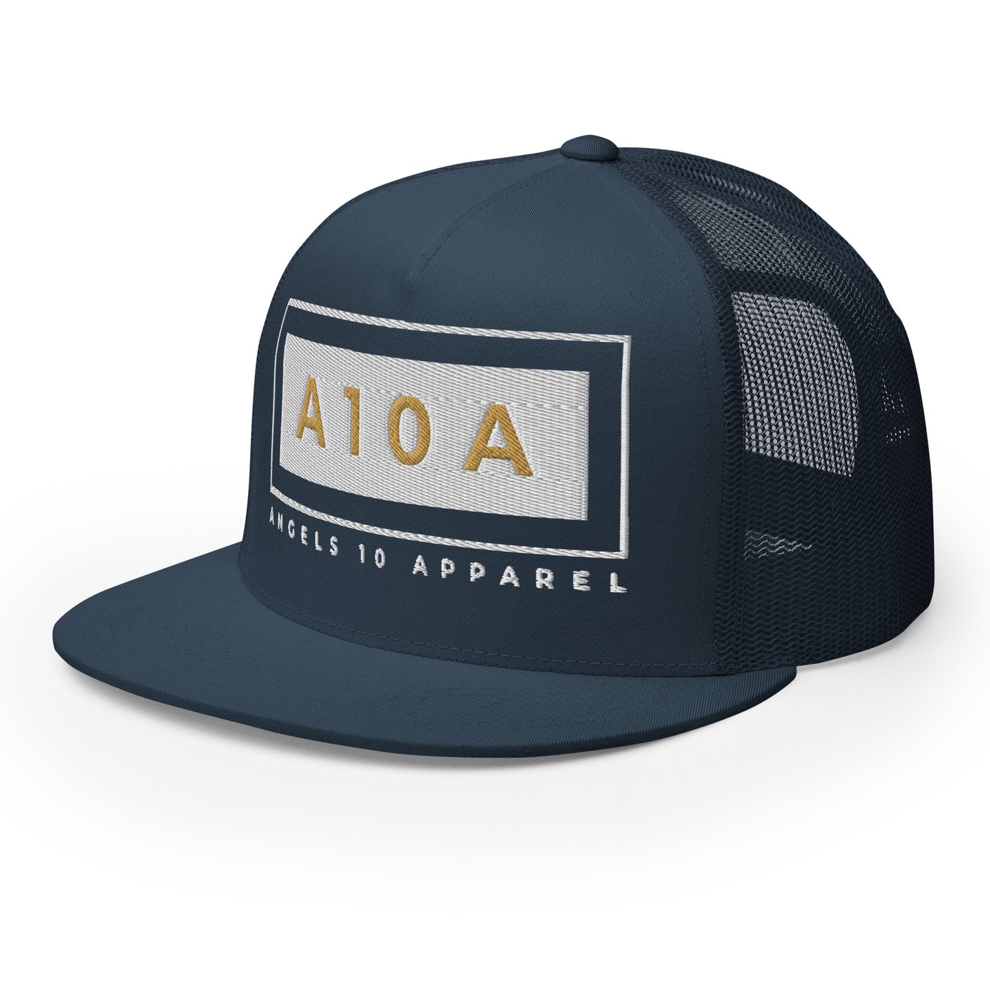 Stylish Men's A10A Essentials Trucker Cap showcasing a flat bill and side view in navy, adorned with the A10A logo. This cap embodies a christian brand ethos, supports veteran ownership, and reflects a faith based lifestyle.