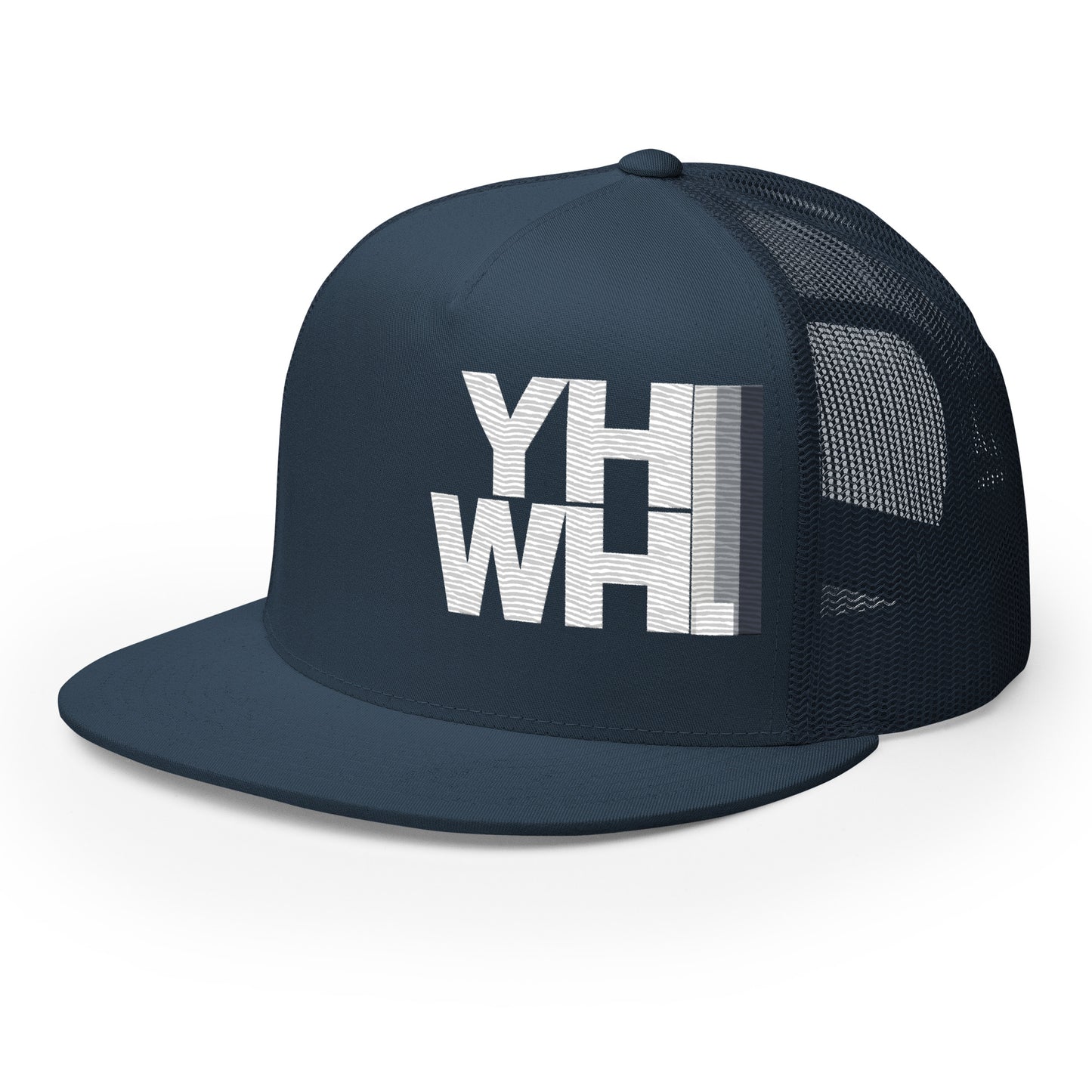 Navy YHWH Unisex Trucker Cap with mesh-back, combining modern style with a strong statement of faith. Wear this cap to support a veteran owned small business while expressing your faith.