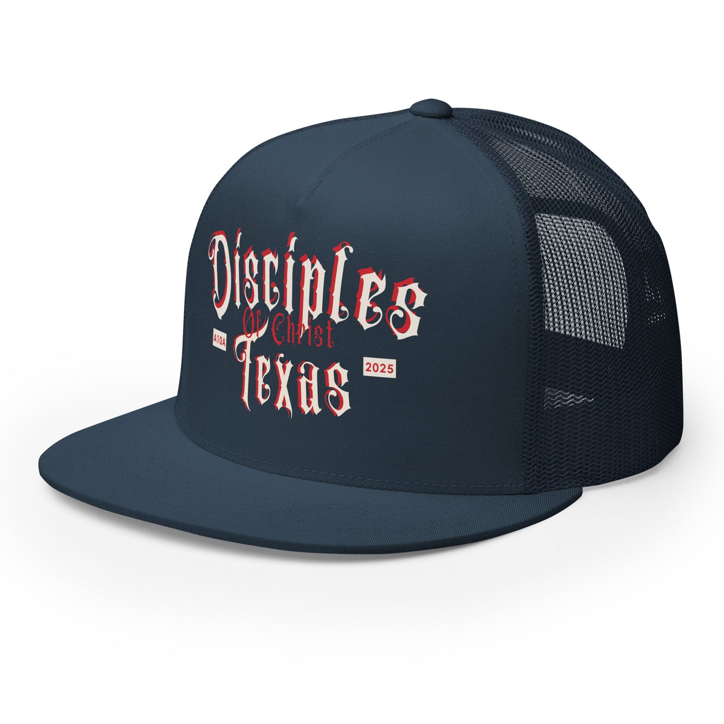 Side angle of the navy Disciples of Christ Texas Christian Trucker Cap by ANGELS 10 APPAREL LLC, perfect for Christian Veterans looking for quality Christian Apparel.