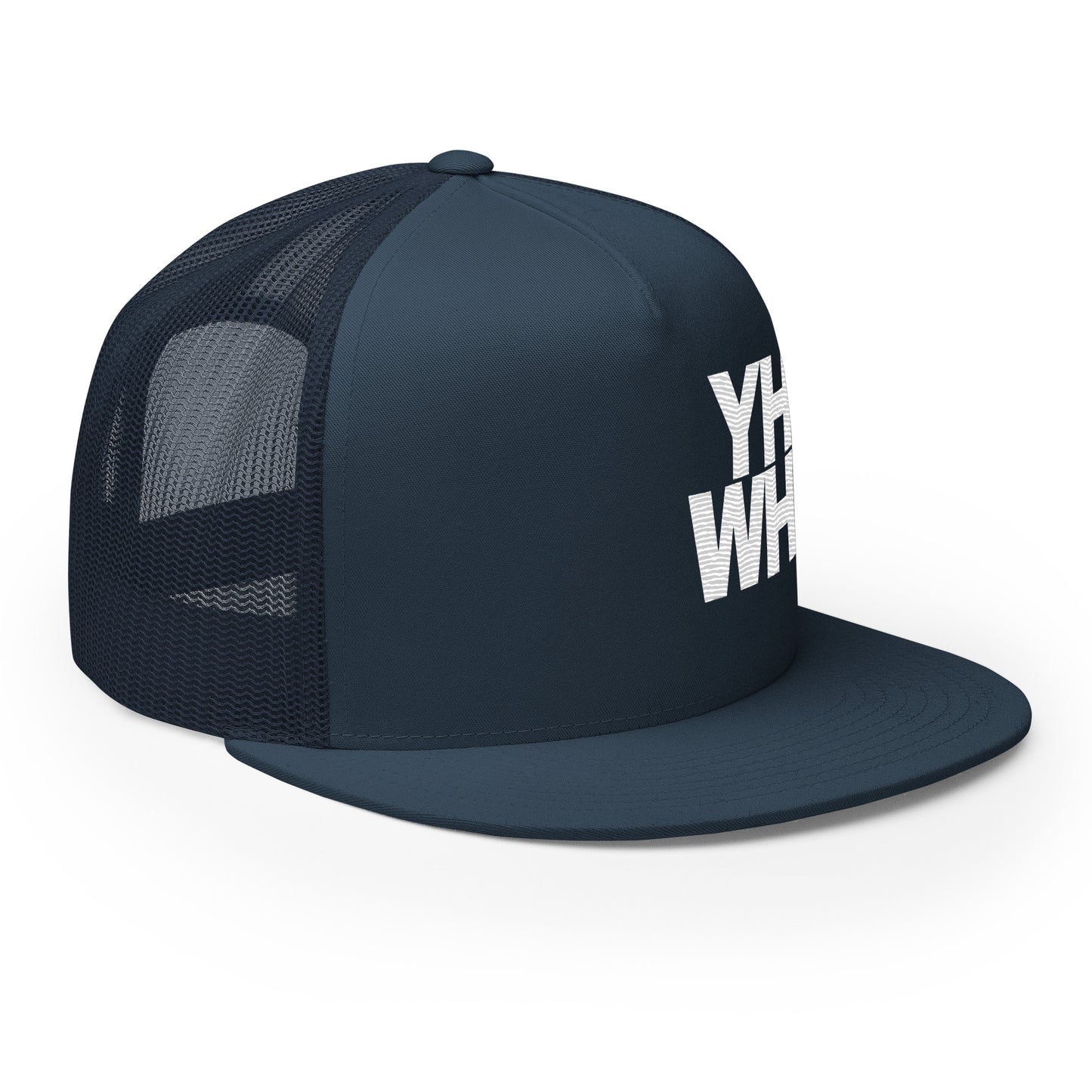 Side view of the YHWH Unisex Trucker Cap in navy, showcasing its structured fit and embroidered detail. This cap is designed for those who wish to express their faith and support a veteran owned small business.
