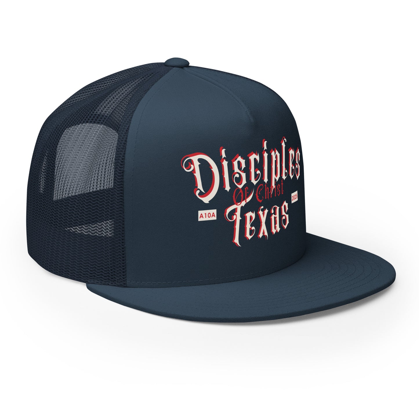 Stylish navy Disciples of Christ Texas Christian Trucker Cap by ANGELS 10 APPAREL LLC, great for Christian Veterans and fans of casual Christian Apparel.