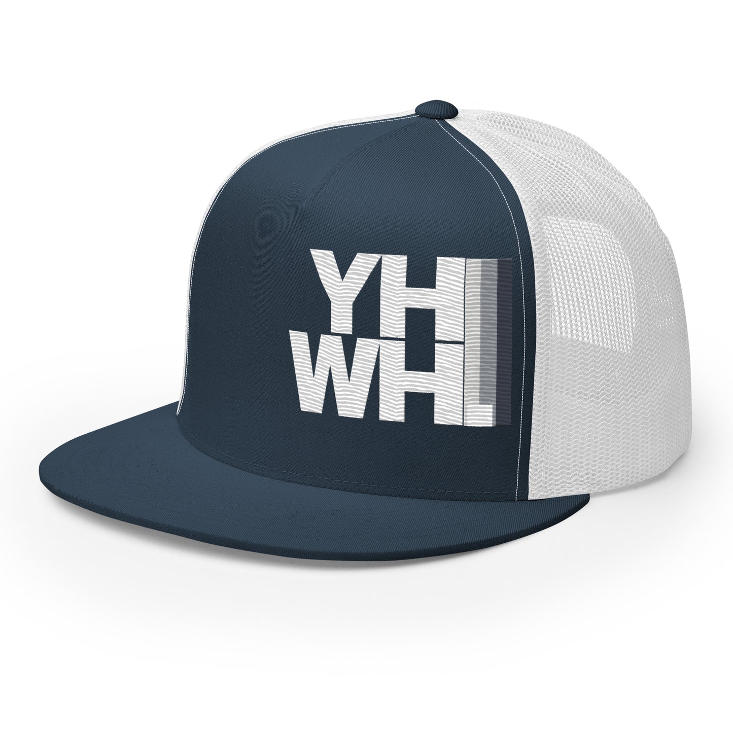 Stylish YHWH Unisex Trucker Cap in navy and white with a mesh-back design, perfect for casual or semi-formal occasions. Join in supporting a veteran owned small business while proudly displaying your christian faith.