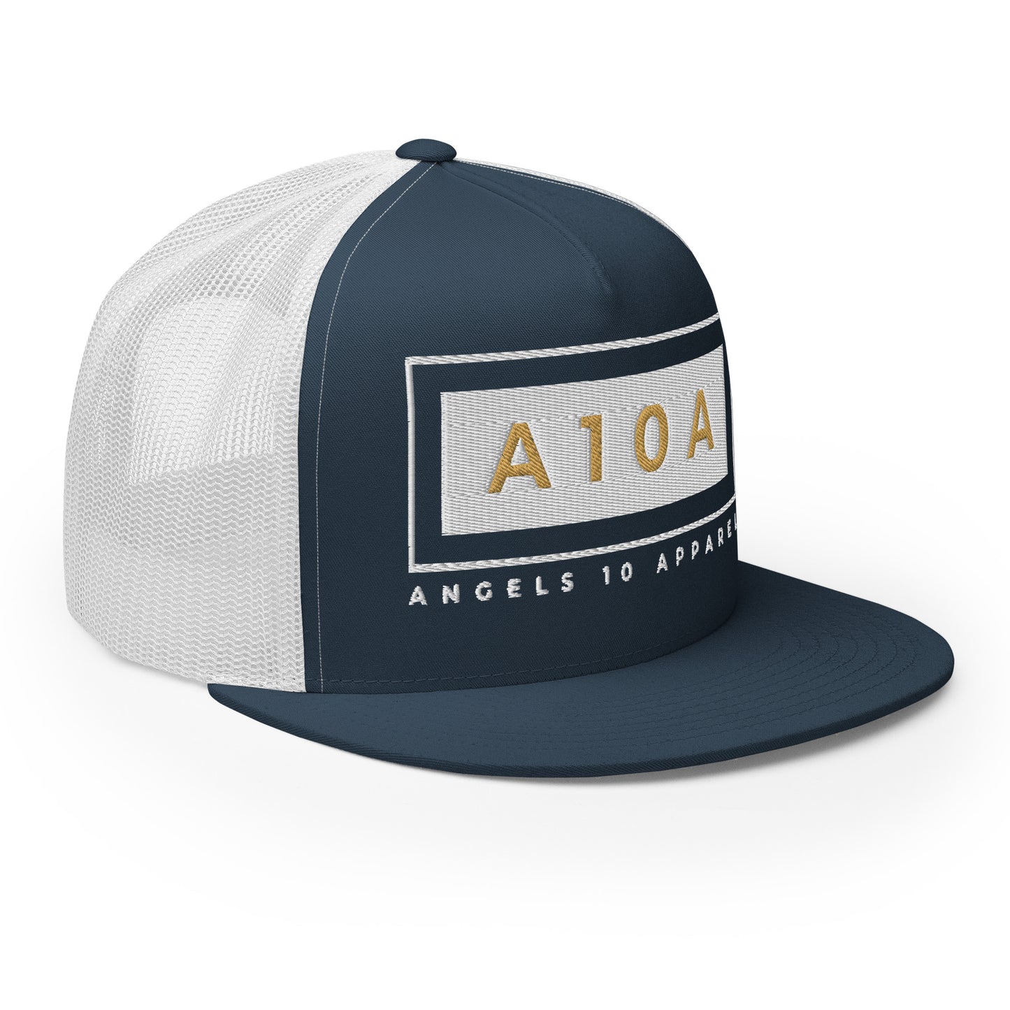 Navy Men's A10A Essentials Trucker Cap with a contrasting white mesh back, featuring the A10A logo. A stylish choice for those who appreciate a christian brand that is veteran owned and embraces a faith based approach.