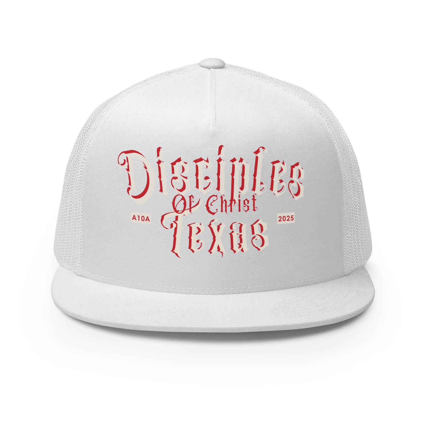 Front view of the white Disciples of Christ Texas Christian Trucker Cap by ANGELS 10 APPAREL LLC, ideal for expressing faith among Christian Veterans and fans of Christian Apparel.