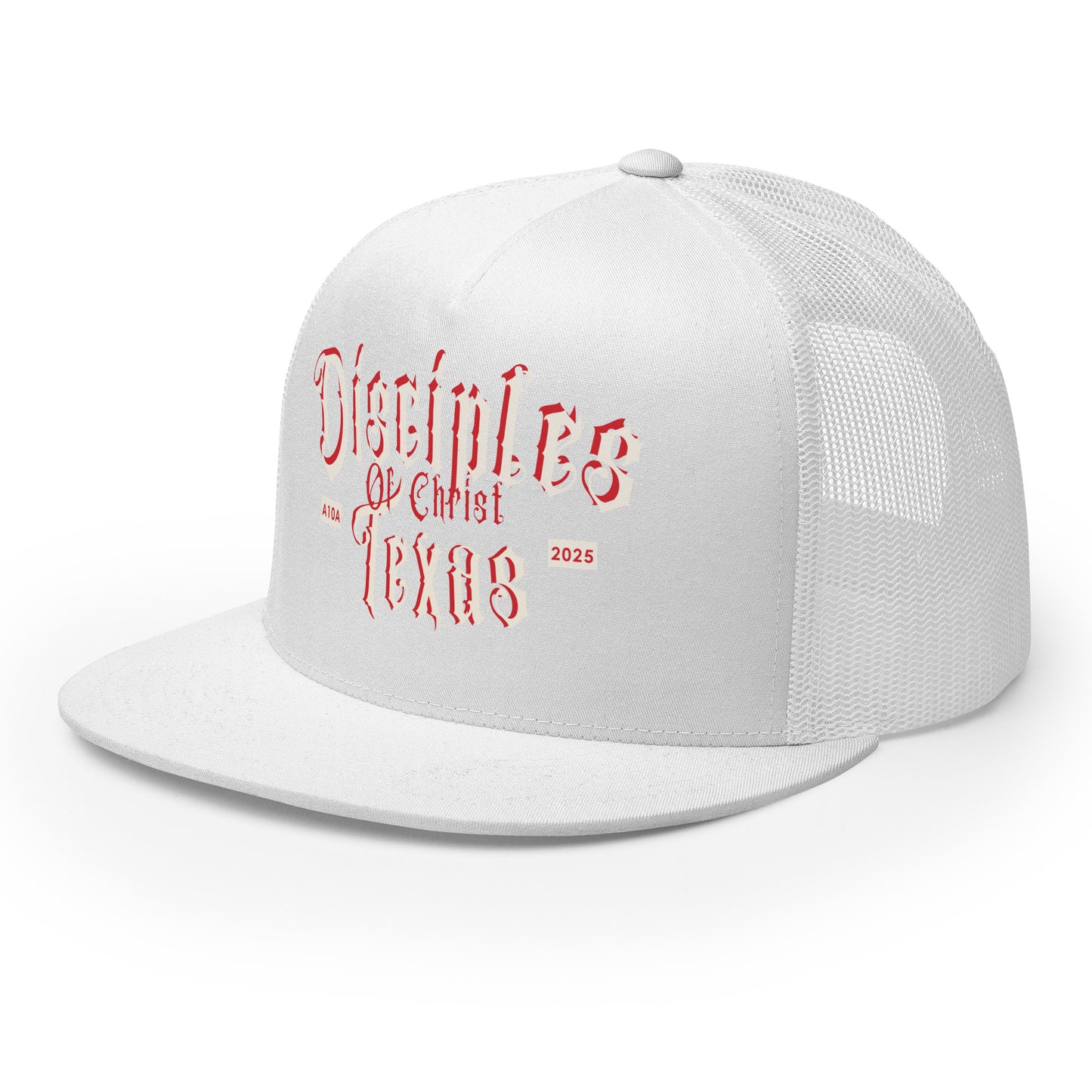 Side view of the white Disciples of Christ Texas Christian Trucker Cap by ANGELS 10 APPAREL LLC, a fresh take on Christian Apparel for Christian Veterans.