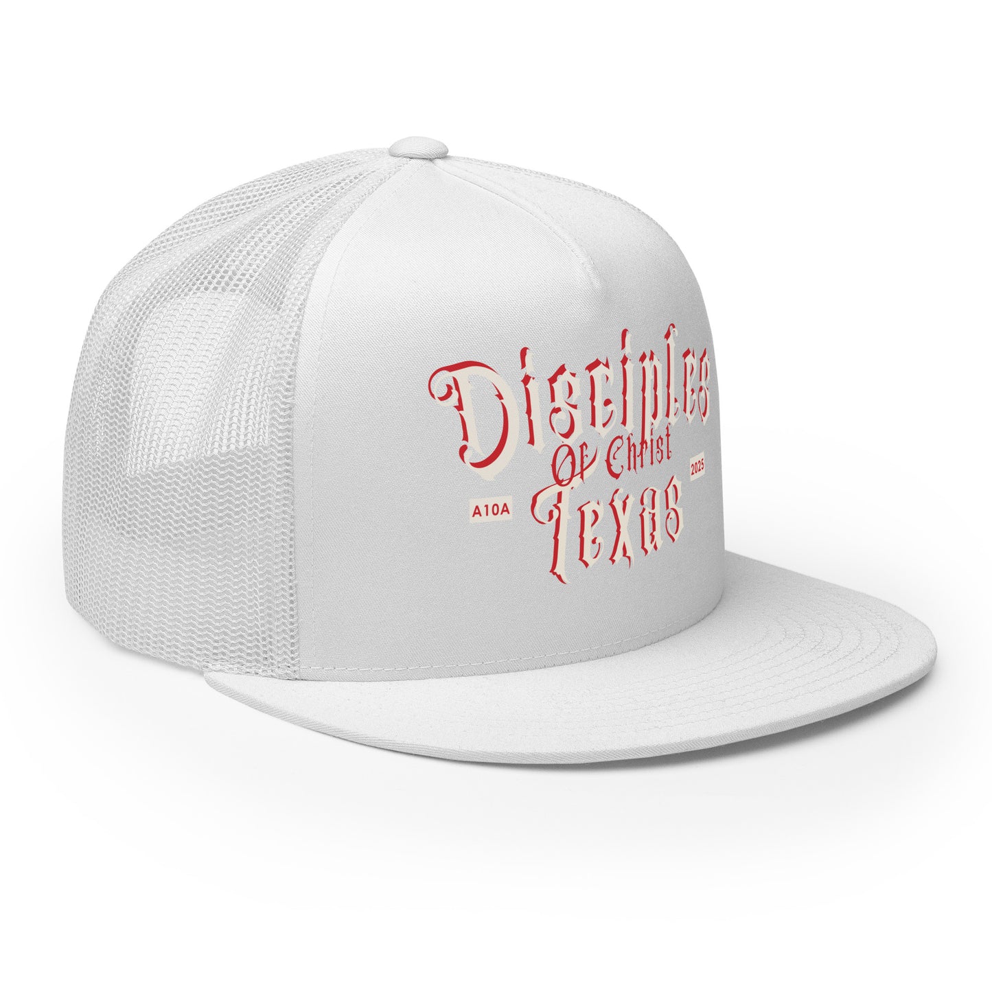 Side angle of the white Disciples of Christ Texas Christian Trucker Cap by ANGELS 10 APPAREL LLC, perfect for Christian Veterans and supporters of Christian Apparel.