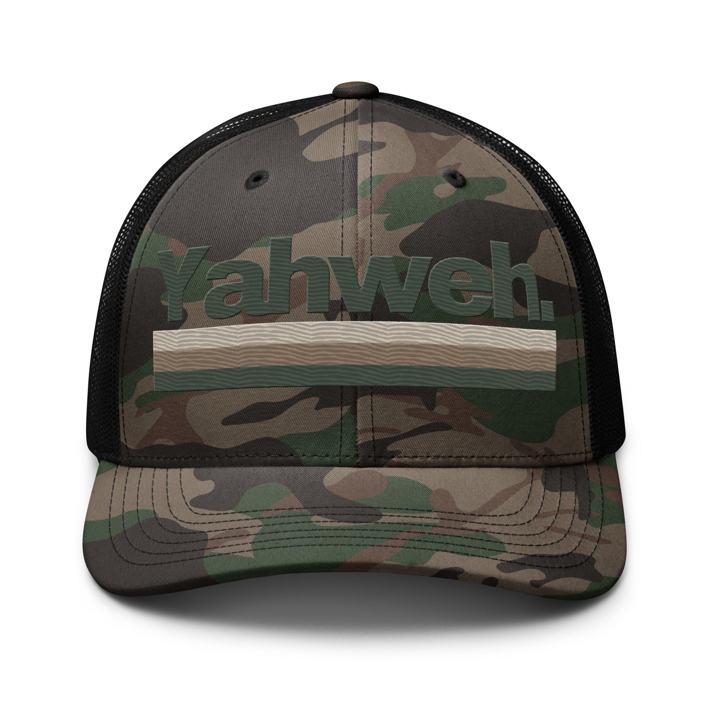 Front view of another color variant of the YHWH Camouflage Trucker Hat for Men, perfect for showing off style and supporting a small business dedicated to faith.