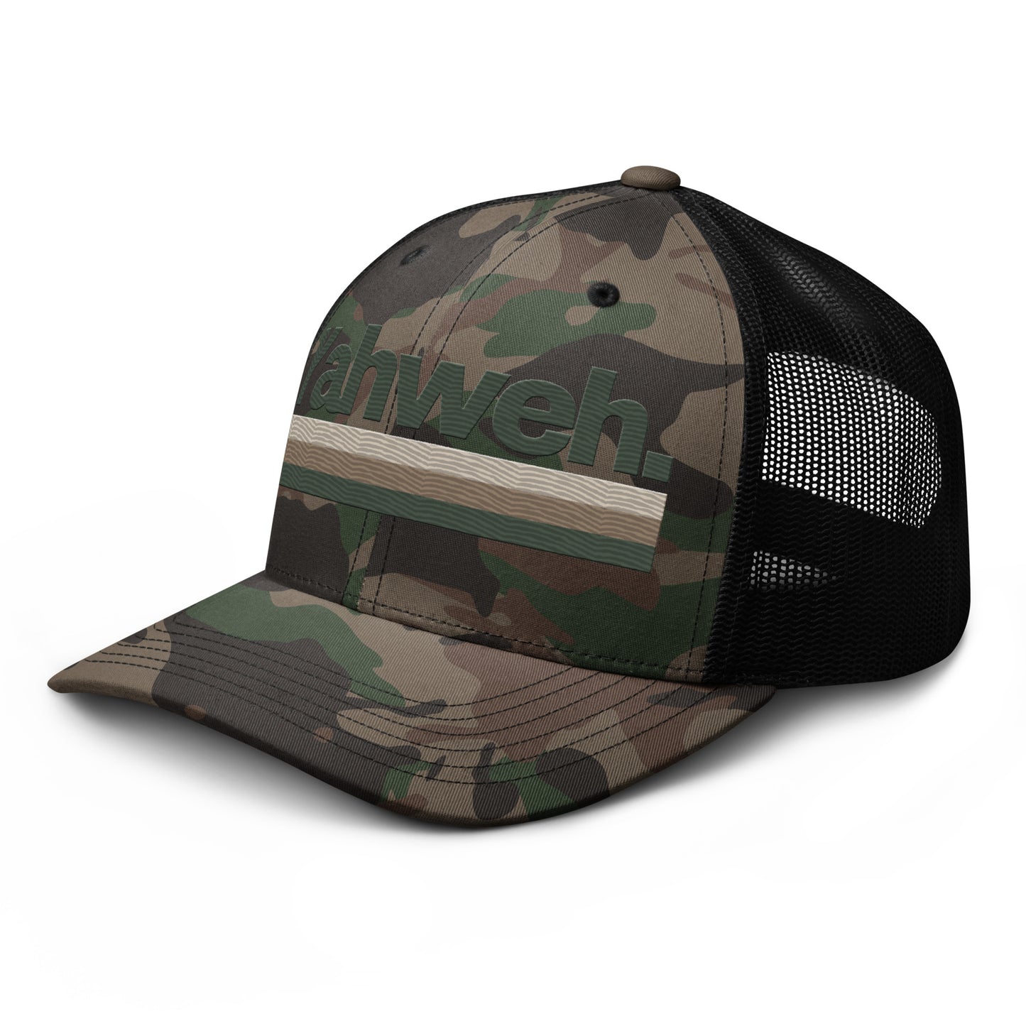 Side view of the YHWH Camouflage Trucker Hat for Men, combining trendy design with a message of faith and support for veteran-owned businesses.