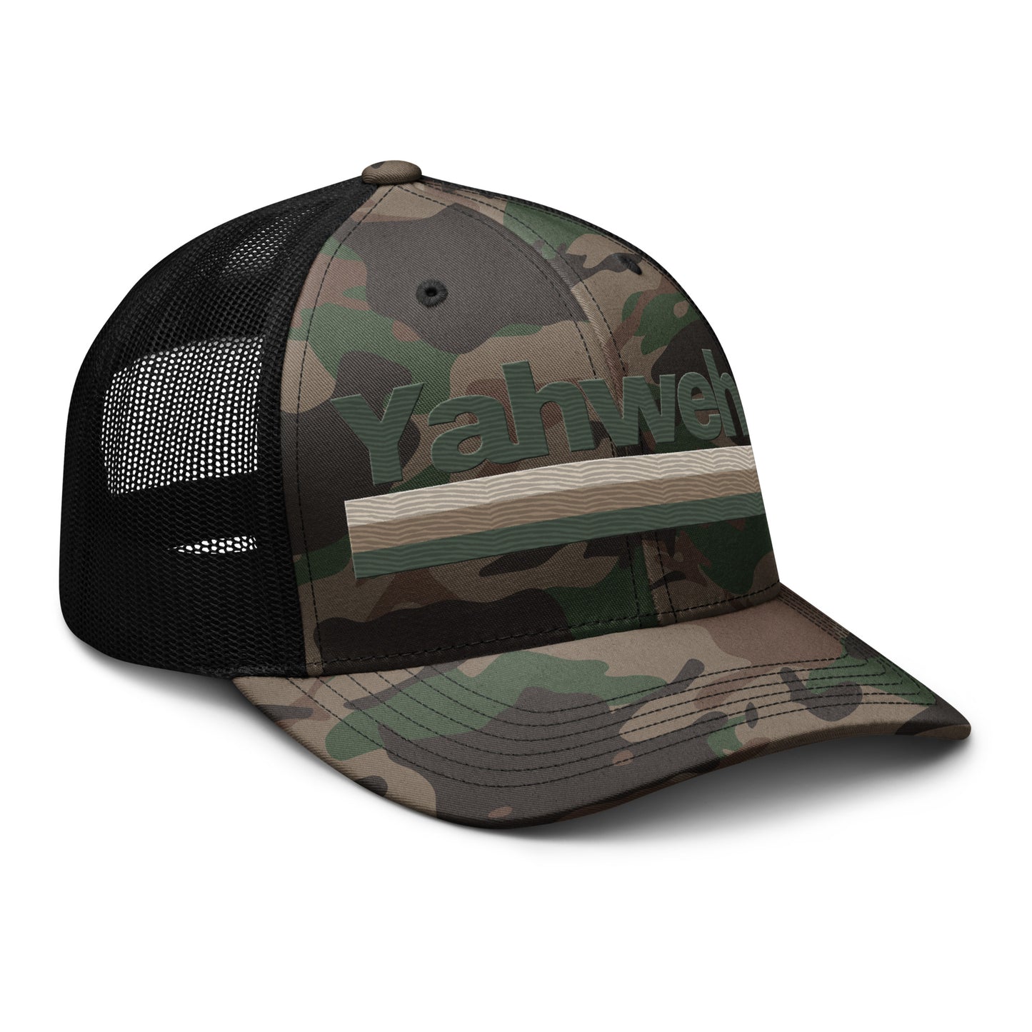YHWH Camouflage Trucker Hat for Men featuring a structured snapback design in earthy tones, perfect for expressing faith with style. Support this veteran-owned small business and showcase your unique style.