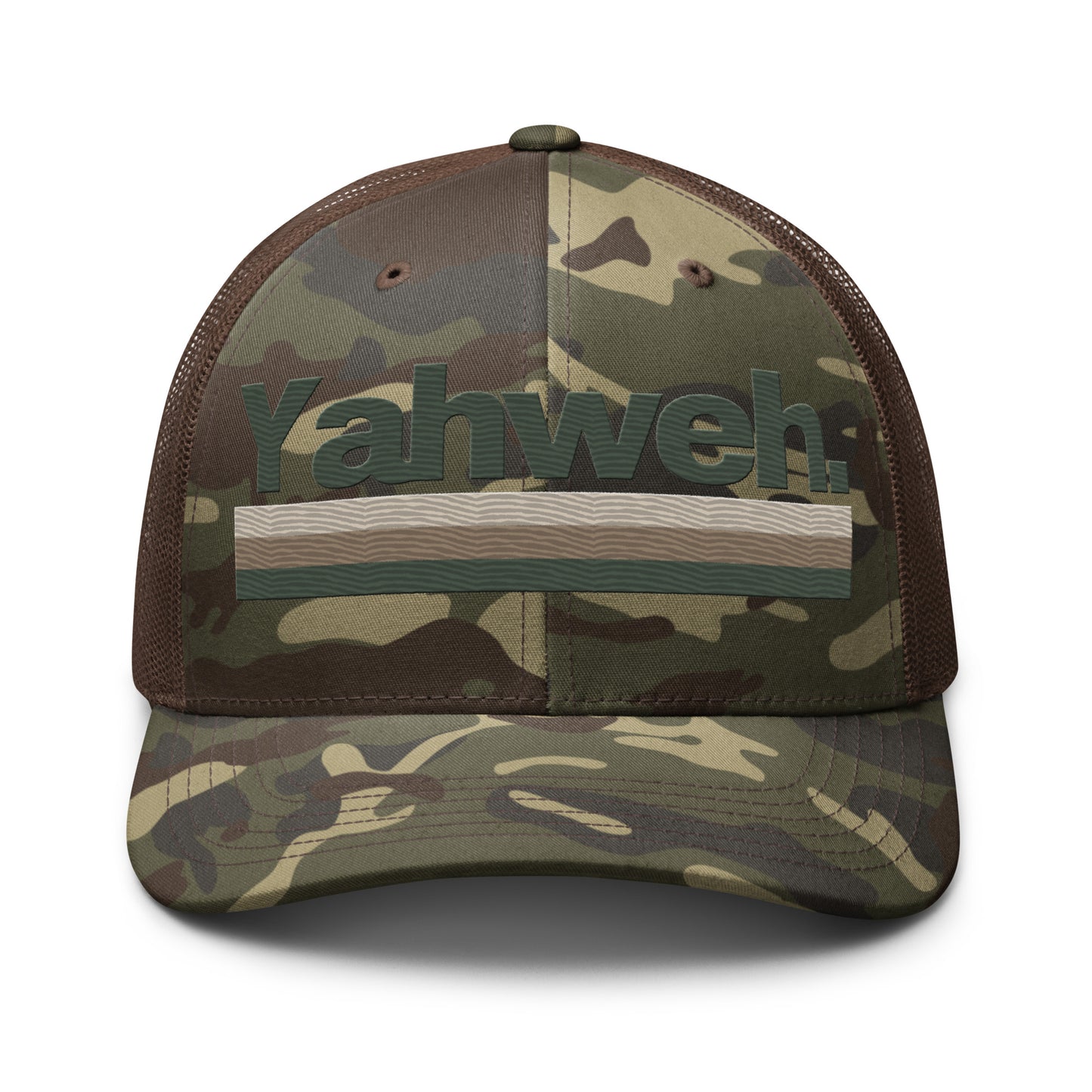 Close-up of the YHWH Camouflage Trucker Hat for Men, featuring an embroidered design that reflects style and support for small businesses focused on faith.