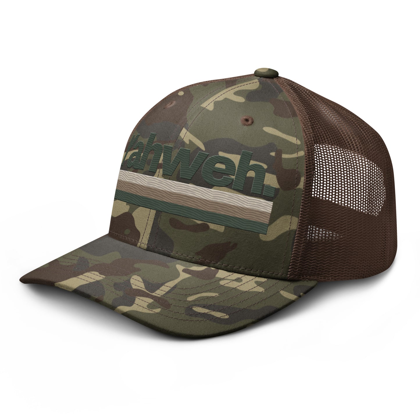 Side angle view of the YHWH Camouflage Trucker Hat for Men, blending a modern aesthetic with a commitment to christian values and veteran-owned craftsmanship.