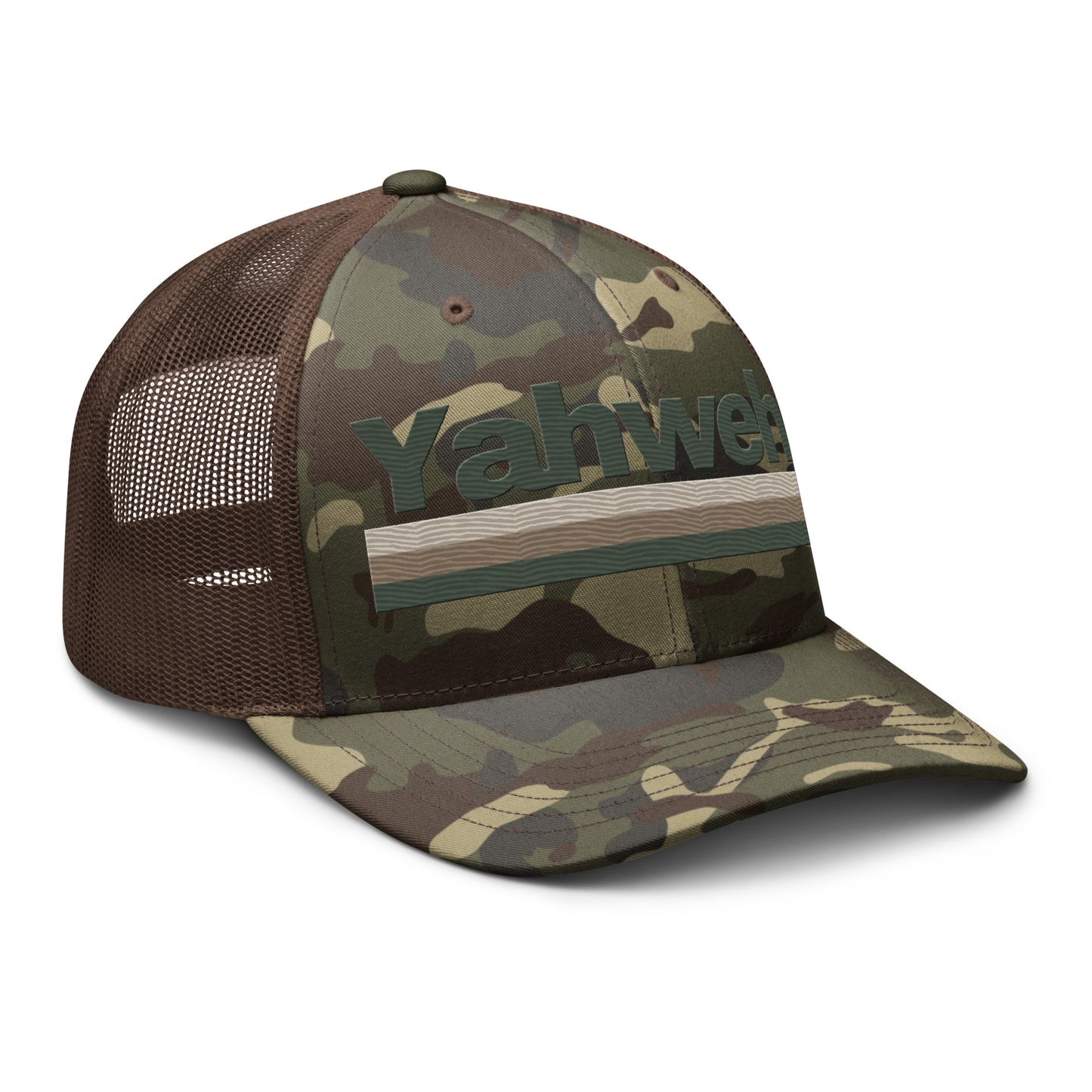 YHWH Camouflage Trucker Hat for Men in a dark brown mesh design, combining comfort and faith effortlessly. Ideal for those who appreciate style and want to support a veteran-owned small business.