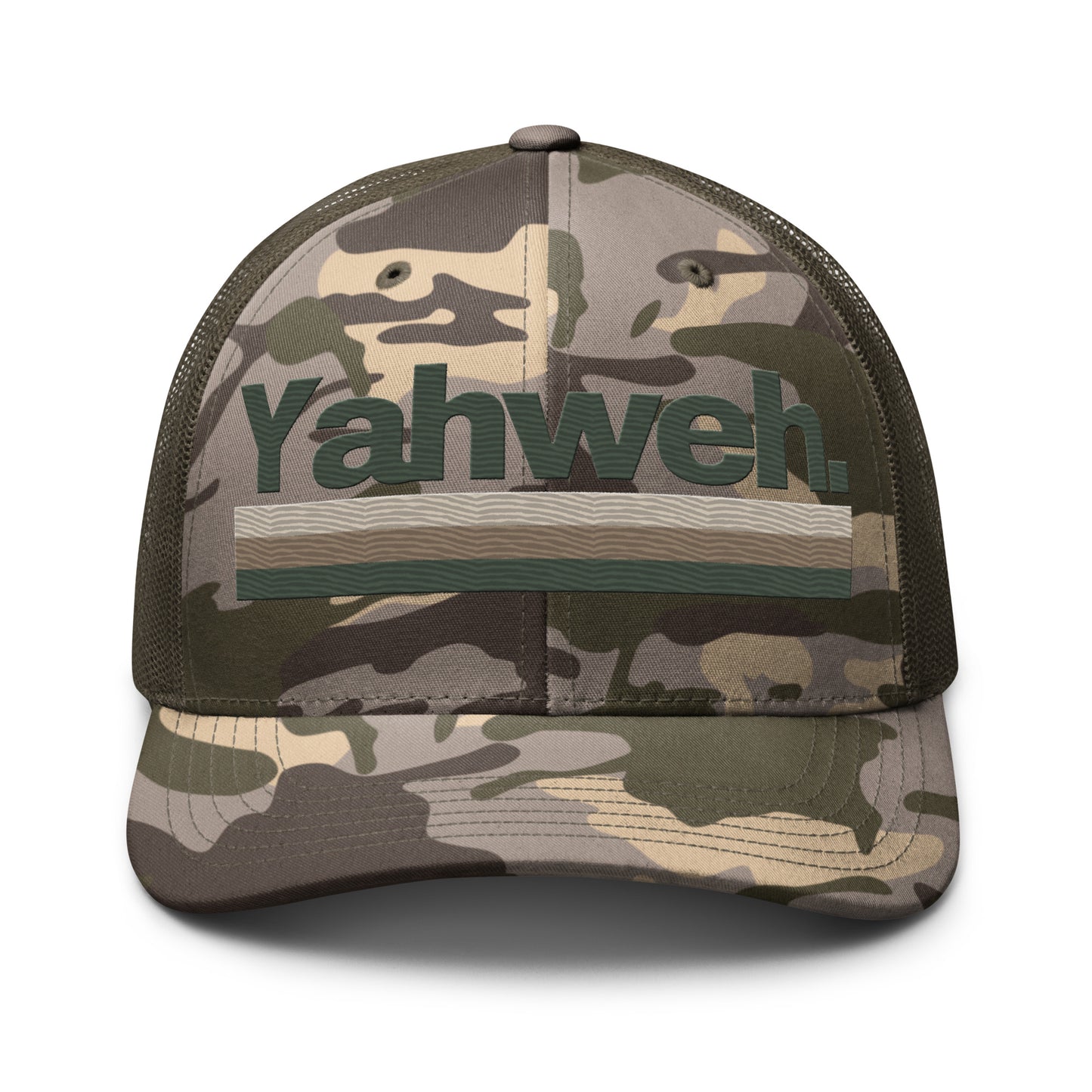Front view of the YHWH Camouflage Trucker Hat for Men, showcasing its stylish embroidered design. This hat blends faith and fashion, making it a great choice from a veteran-owned small business.