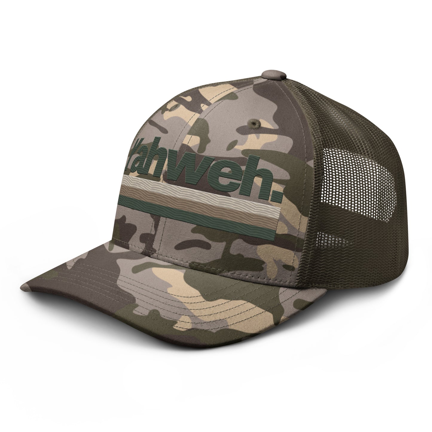 YHWH Camouflage Trucker Hat for Men shown from the side, highlighting its unique embroidered features. A perfect blend of style for those who value faith, and a proud product from a veteran-owned small business.