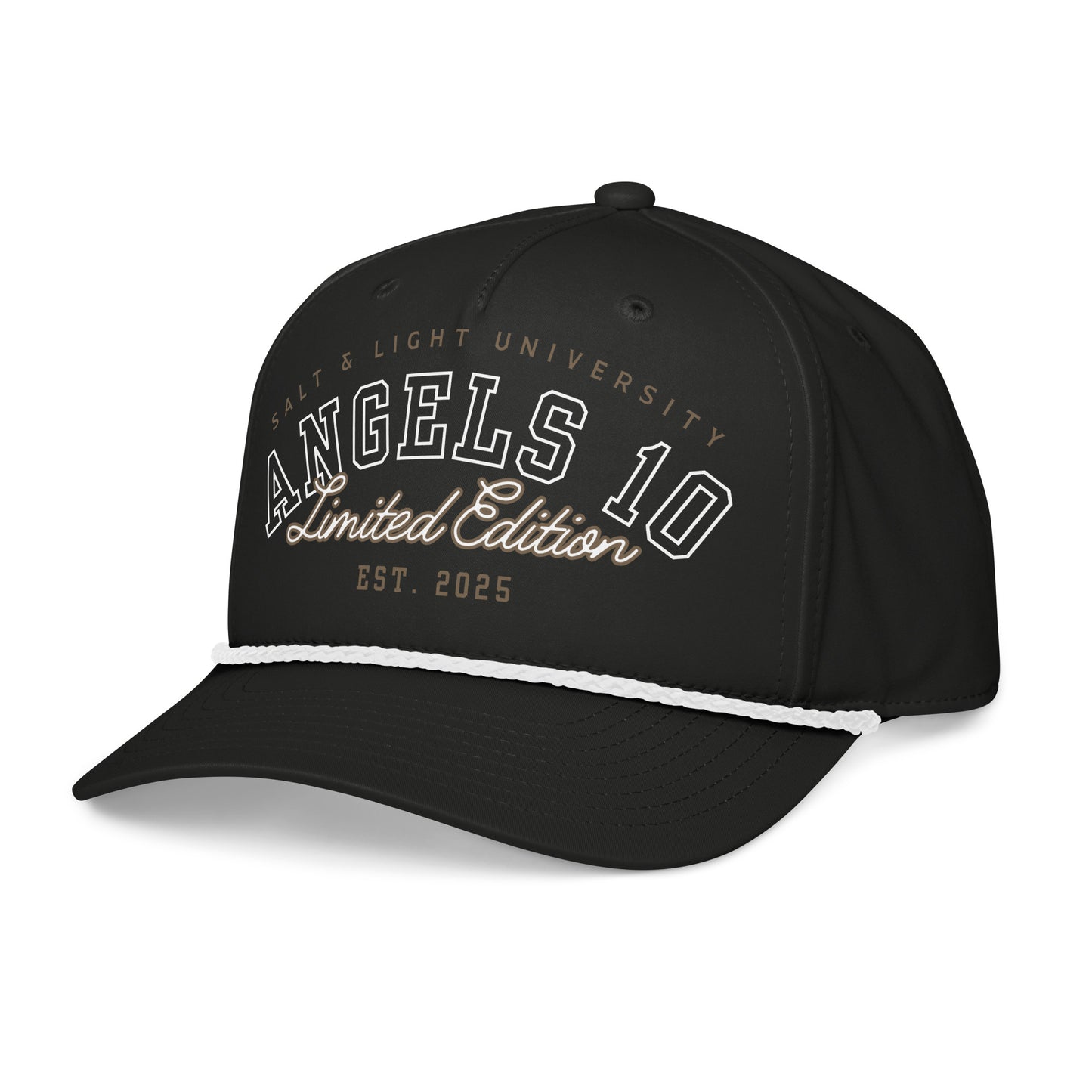 Side profile of the Salt & Light Christian Rope Cap - Premium Quality Unisex Cap highlighting the unique braided rope detail. This cap is perfect for anyone committed to their faith and discipleship, making a bold statement at college or during casual outings, embodying the salt & light of the world.