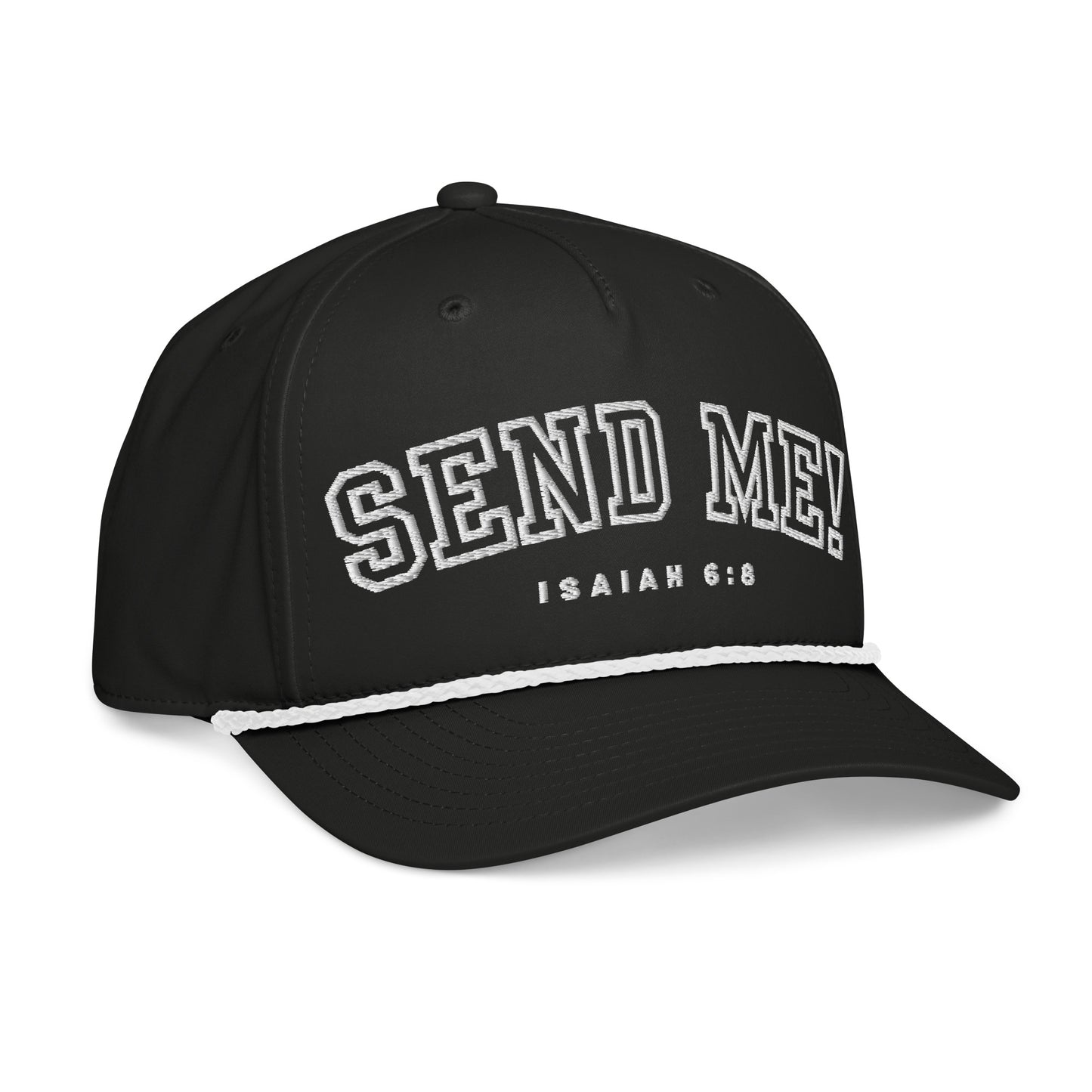 Men's Premium Golf Rope Hat in black with 'Send Me!' from Isaiah 6:8, a stylish way to show your faith and commitment. This unique cap is ideal for golfers and those who believe in living purposefully, crafted by a veteran-owned small business.