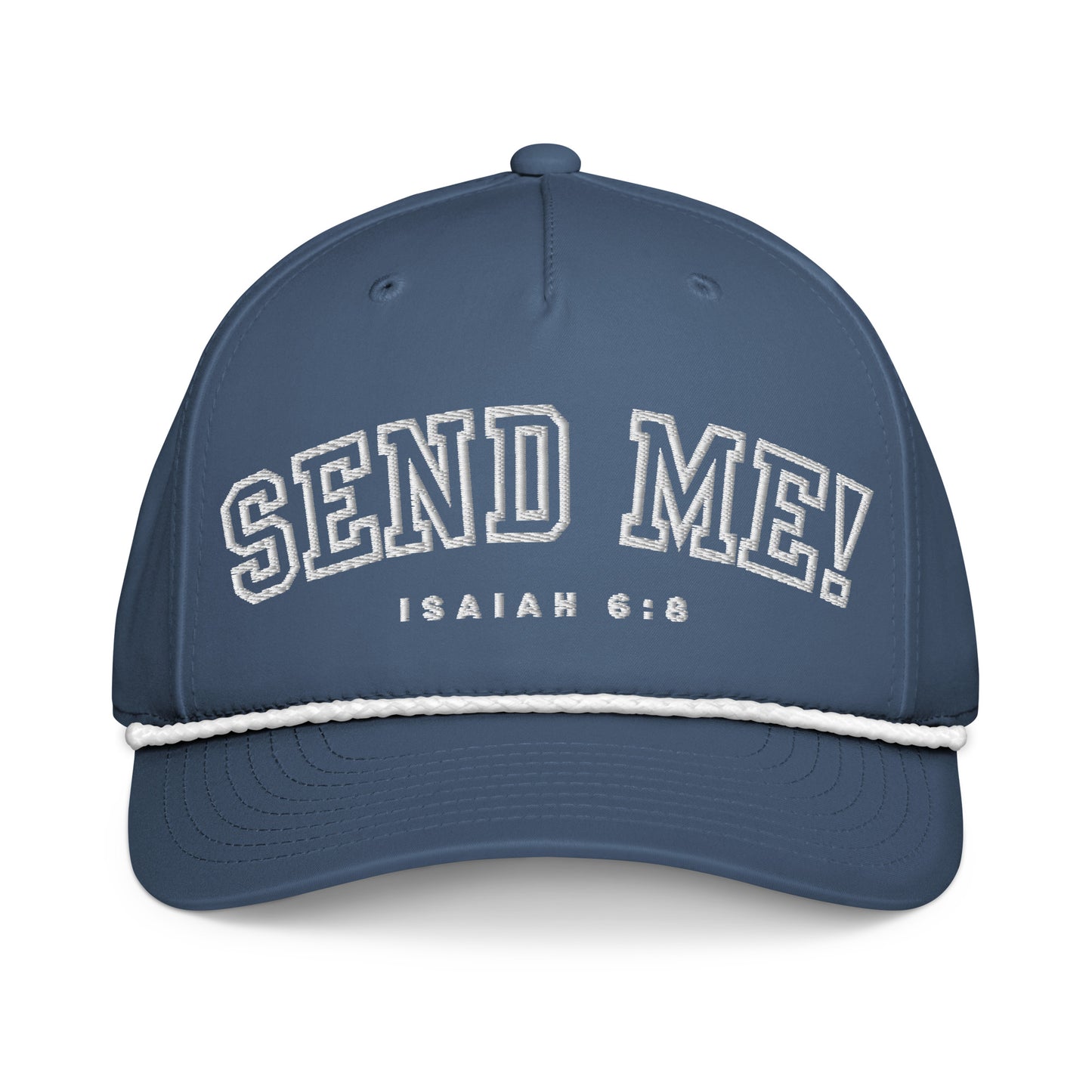 Men's Premium Golf Rope Hat featuring the powerful message 'Send Me!' from Isaiah 6:8. A stylish faith-inspired accessory perfect for embodying your beliefs while enjoying the game. Ideal for those who believe in serving and inspiring others. Christian, faith, believe, premium, veteran owned, small business.