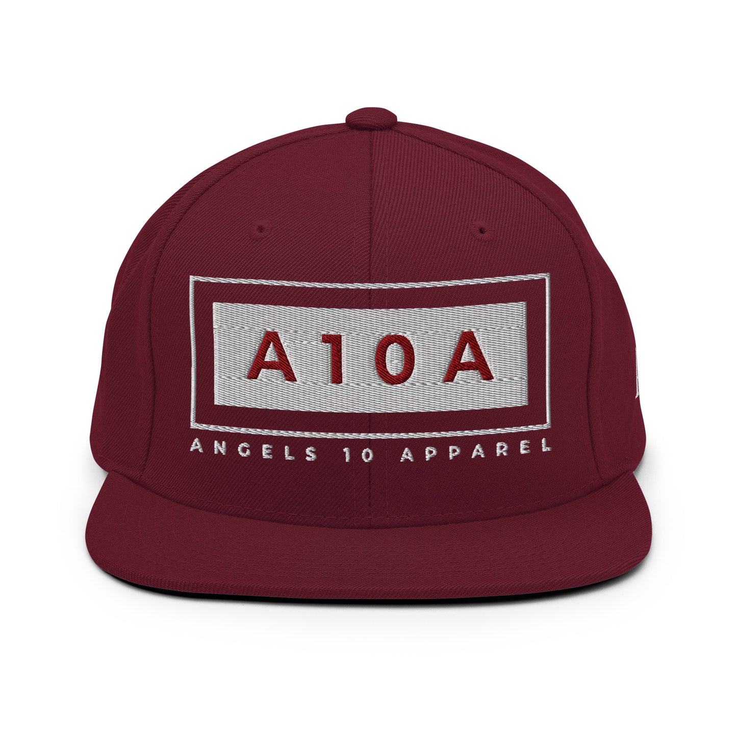 Front view of the Men's A10A Essentials Collection Snapback Hat showcasing its burgundy color and embroidered logo, combining style and comfort. This hat is by a Christian brand, veteran owned, and faith based.