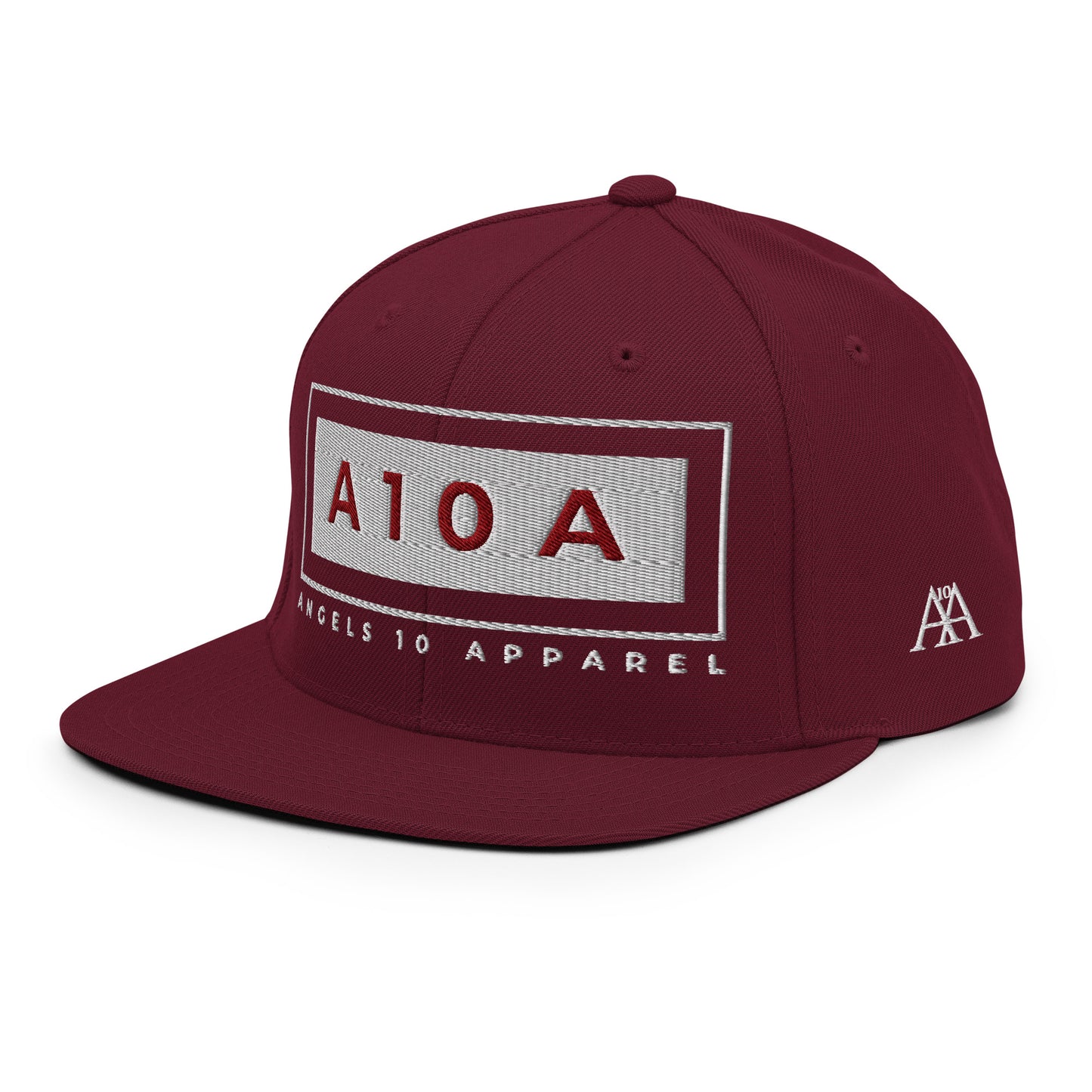 Side perspective of the Men's A10A Essentials Collection Snapback Hat in burgundy, highlighting its 6-panel design and signature branding. This stylish accessory is from a Christian brand, veteran owned, and faith based.